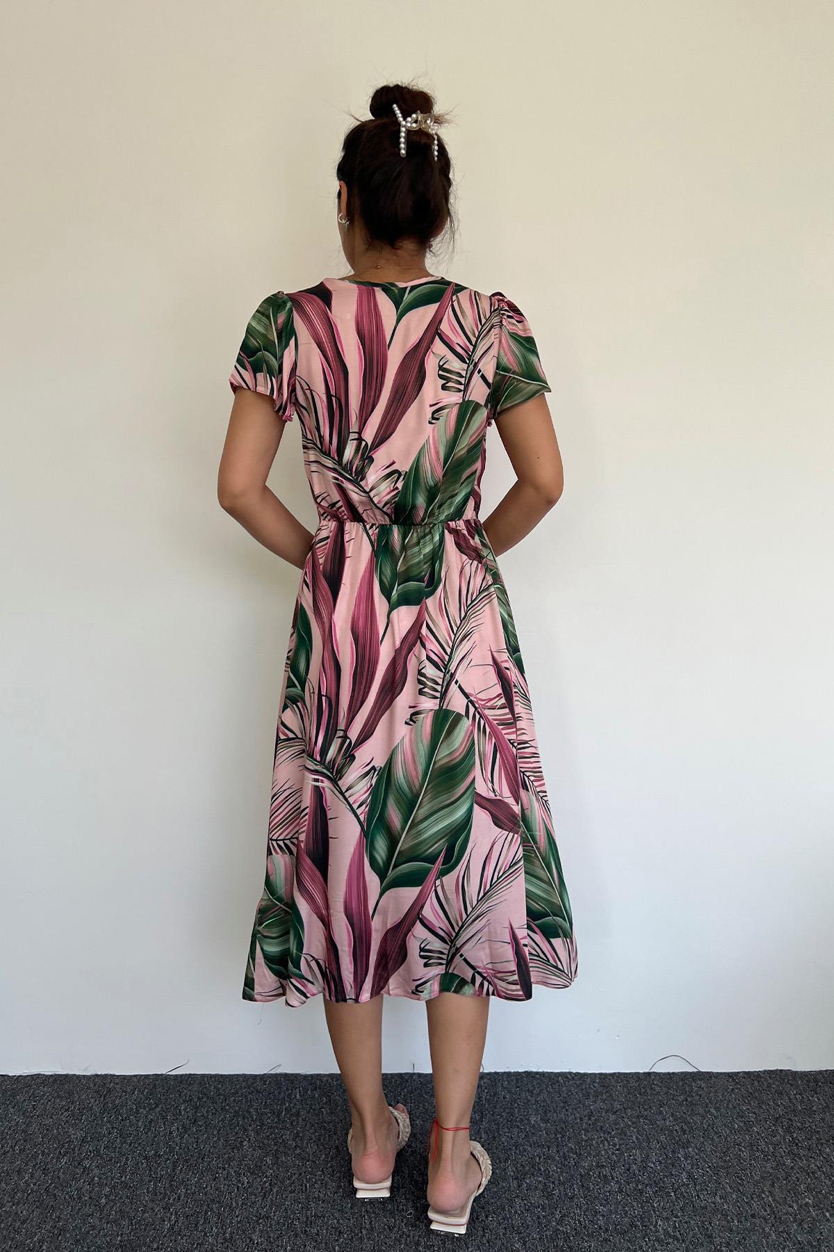 Yaprak Desenli Önü Boydan Düğmeli Parçalı Elbise VİŞNE