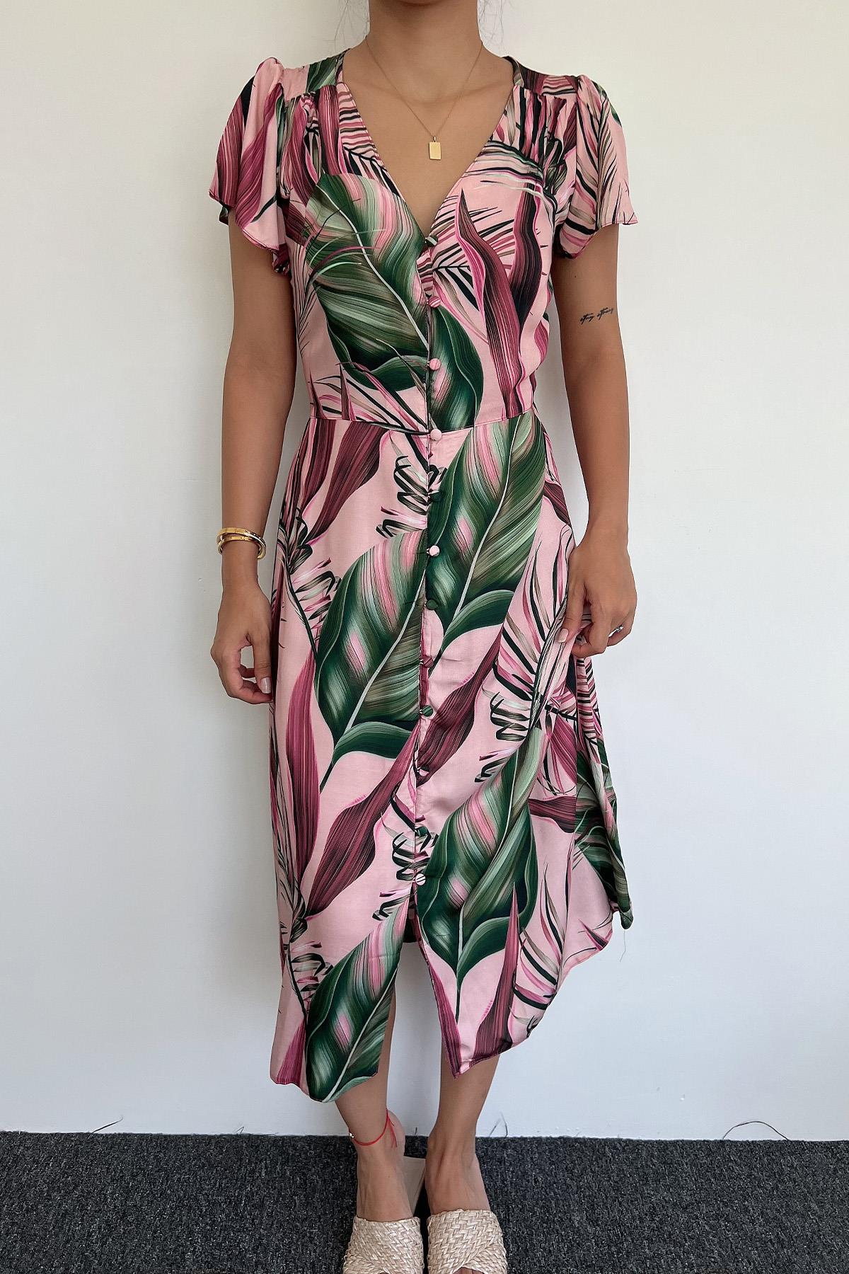 Yaprak Desenli Önü Boydan Düğmeli Parçalı Elbise VİŞNE