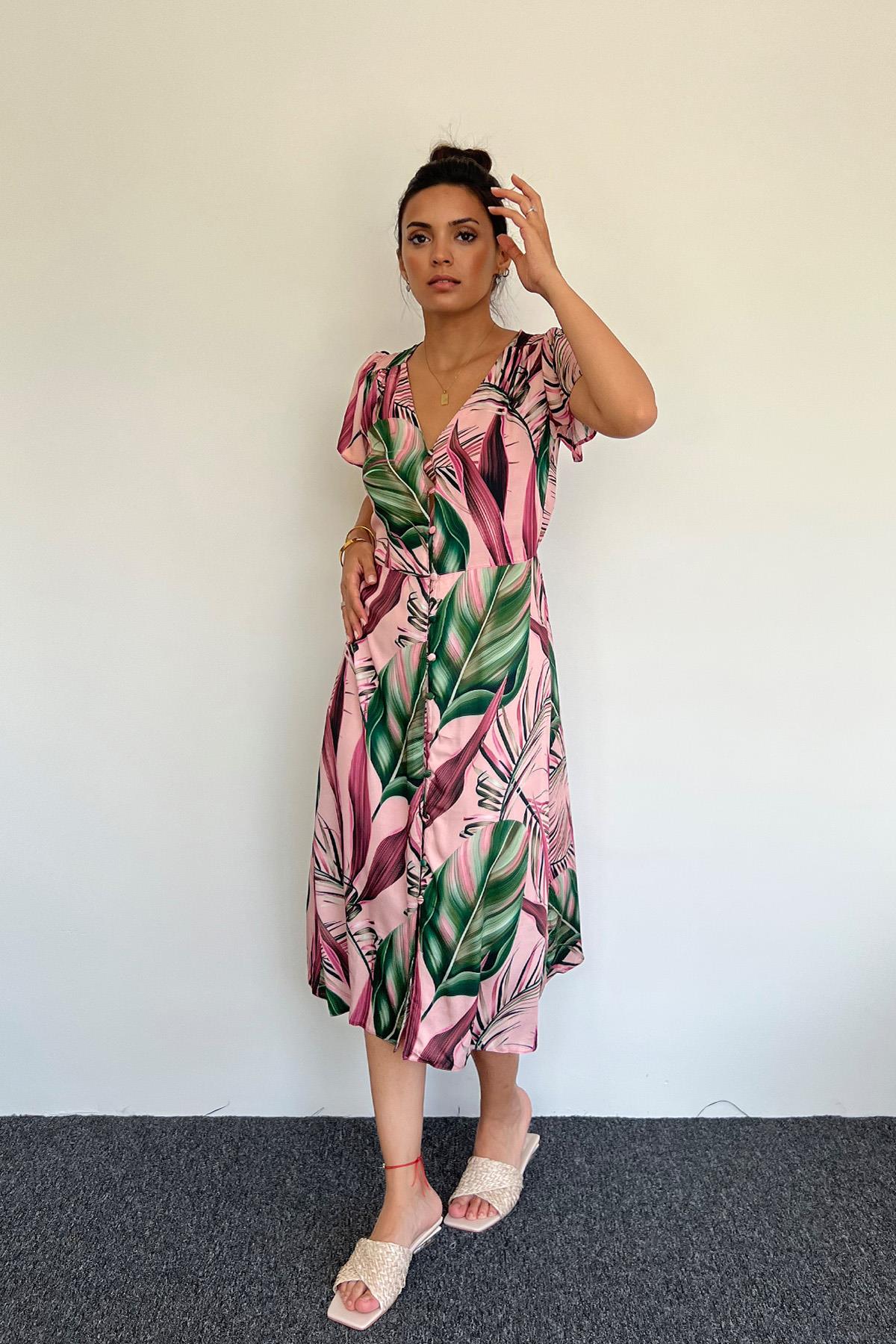 Yaprak Desenli Önü Boydan Düğmeli Parçalı Elbise VİŞNE