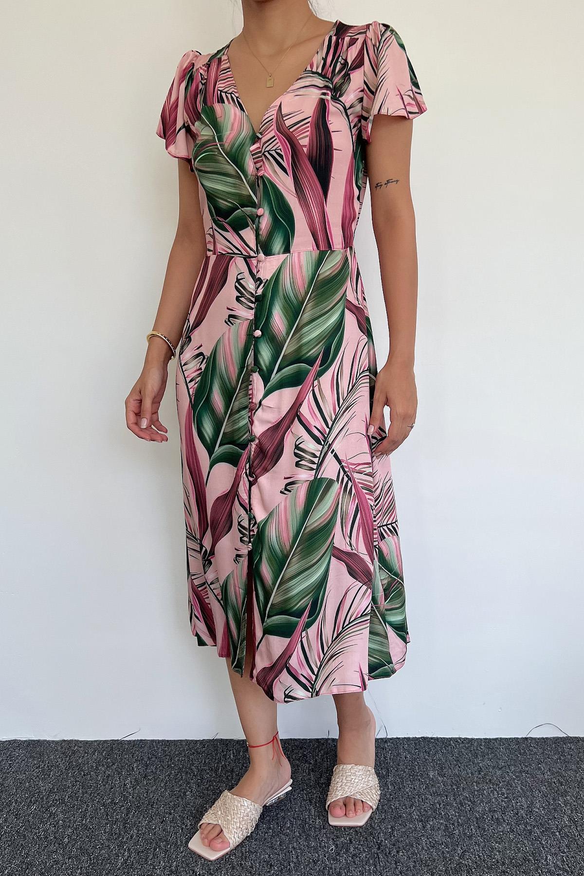 Yaprak Desenli Önü Boydan Düğmeli Parçalı Elbise VİŞNE