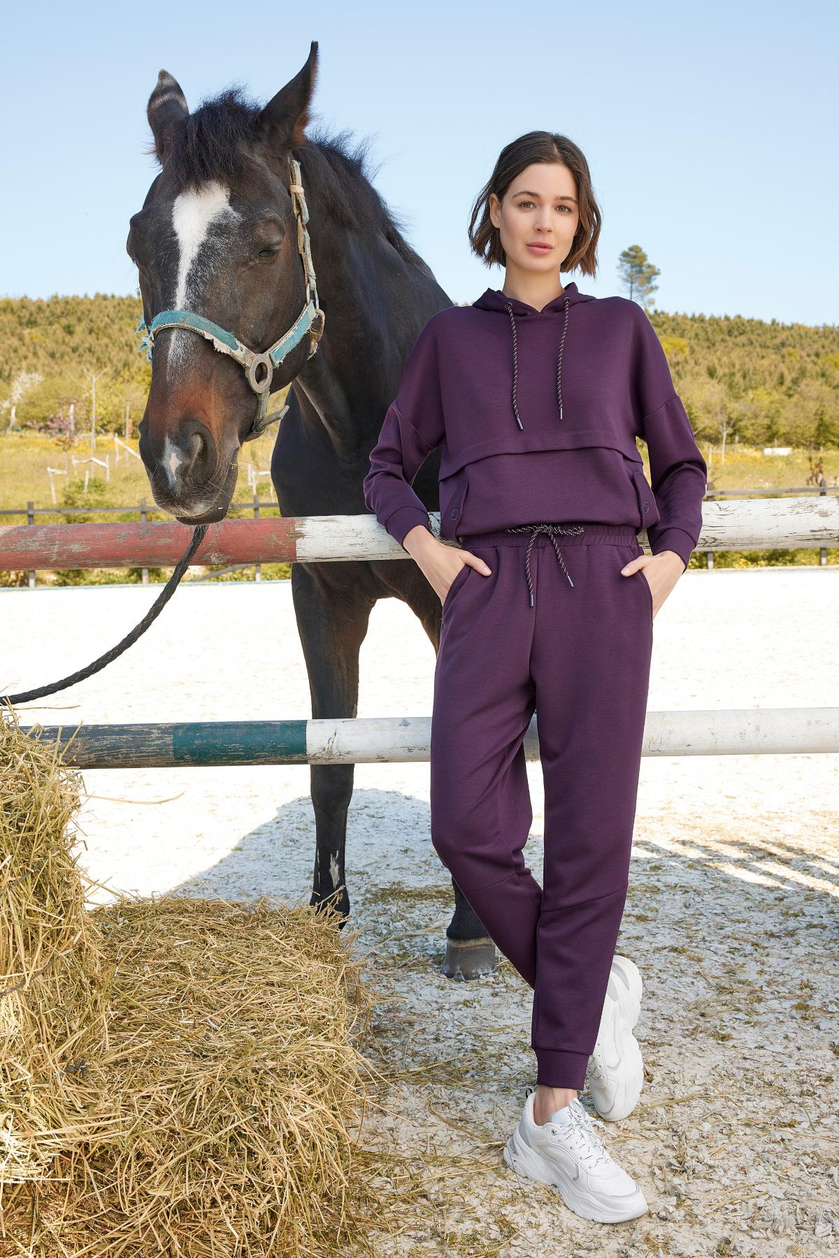 Bağcık Detaylı Kapüşonlu Eşofman Takımı MOR