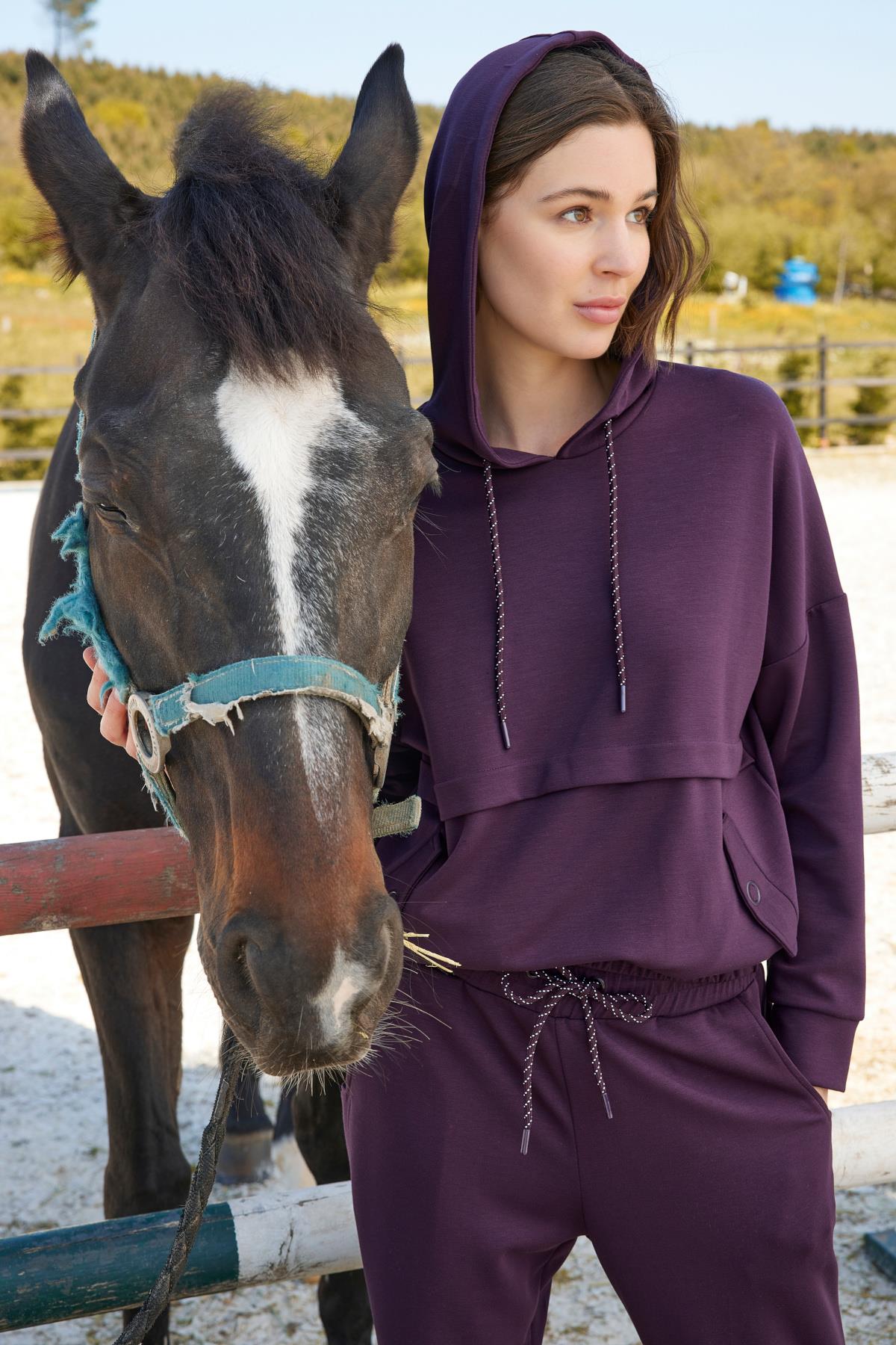 Bağcık Detaylı Kapüşonlu Eşofman Takımı MOR