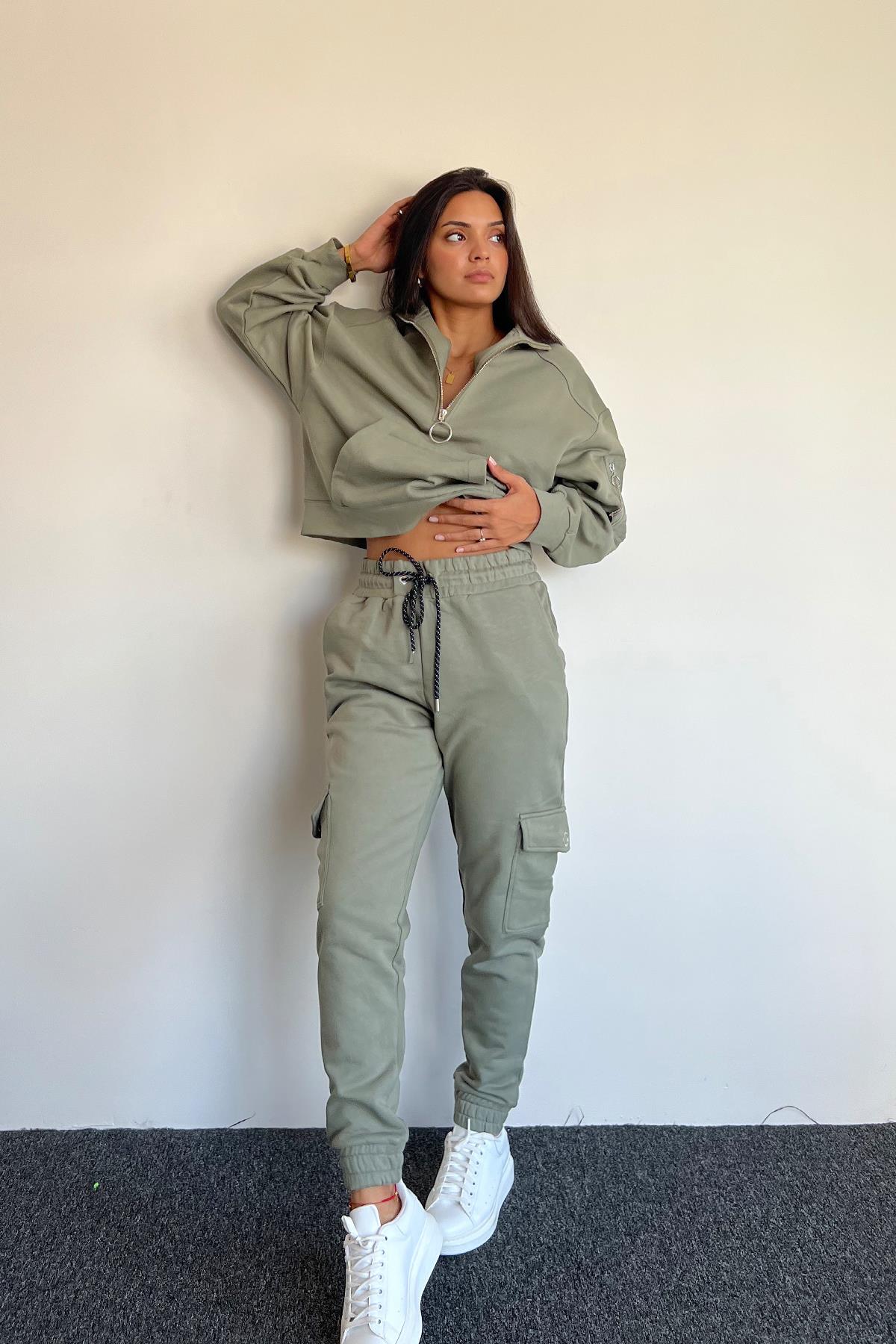 Önü Fermuarlı Bağcık Detaylı Eşofman Takımı HAKİ