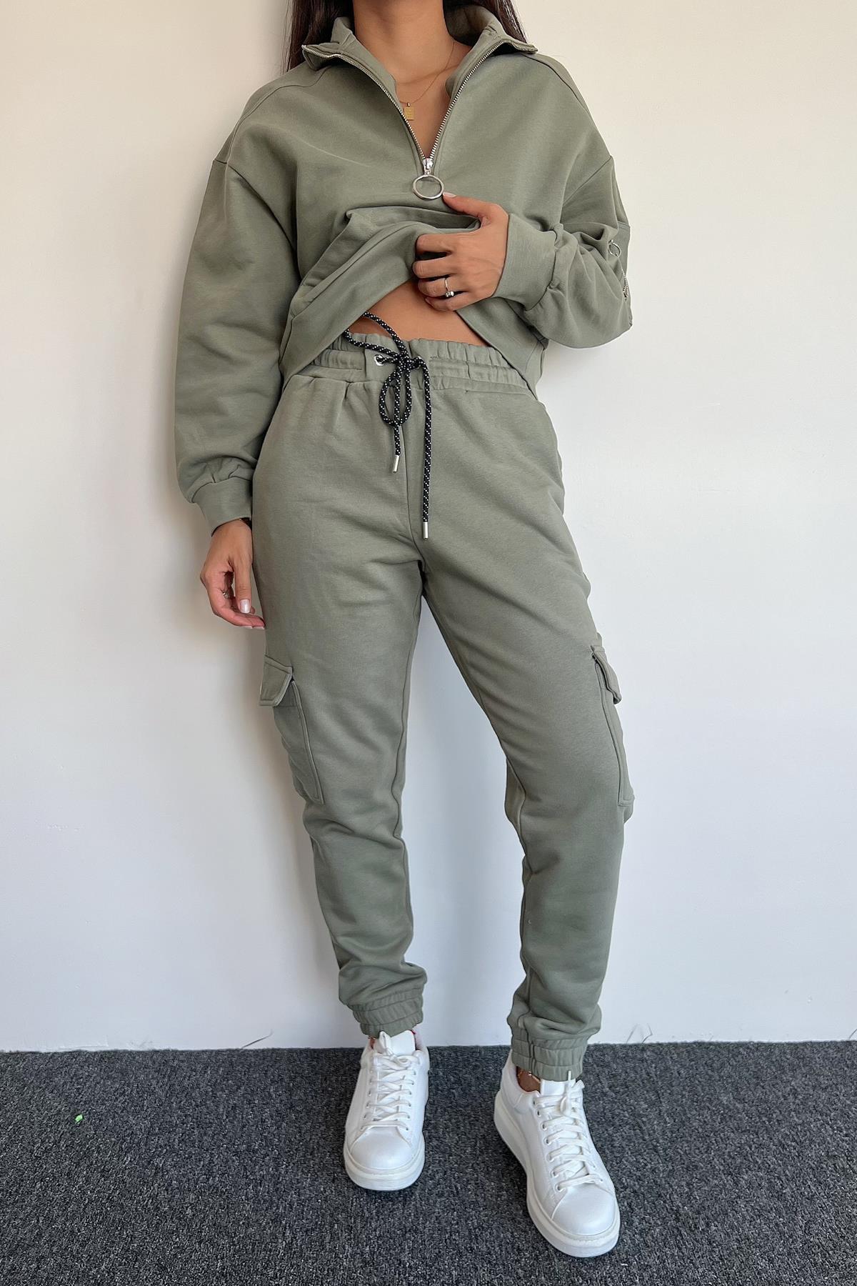 Önü Fermuarlı Bağcık Detaylı Eşofman Takımı HAKİ