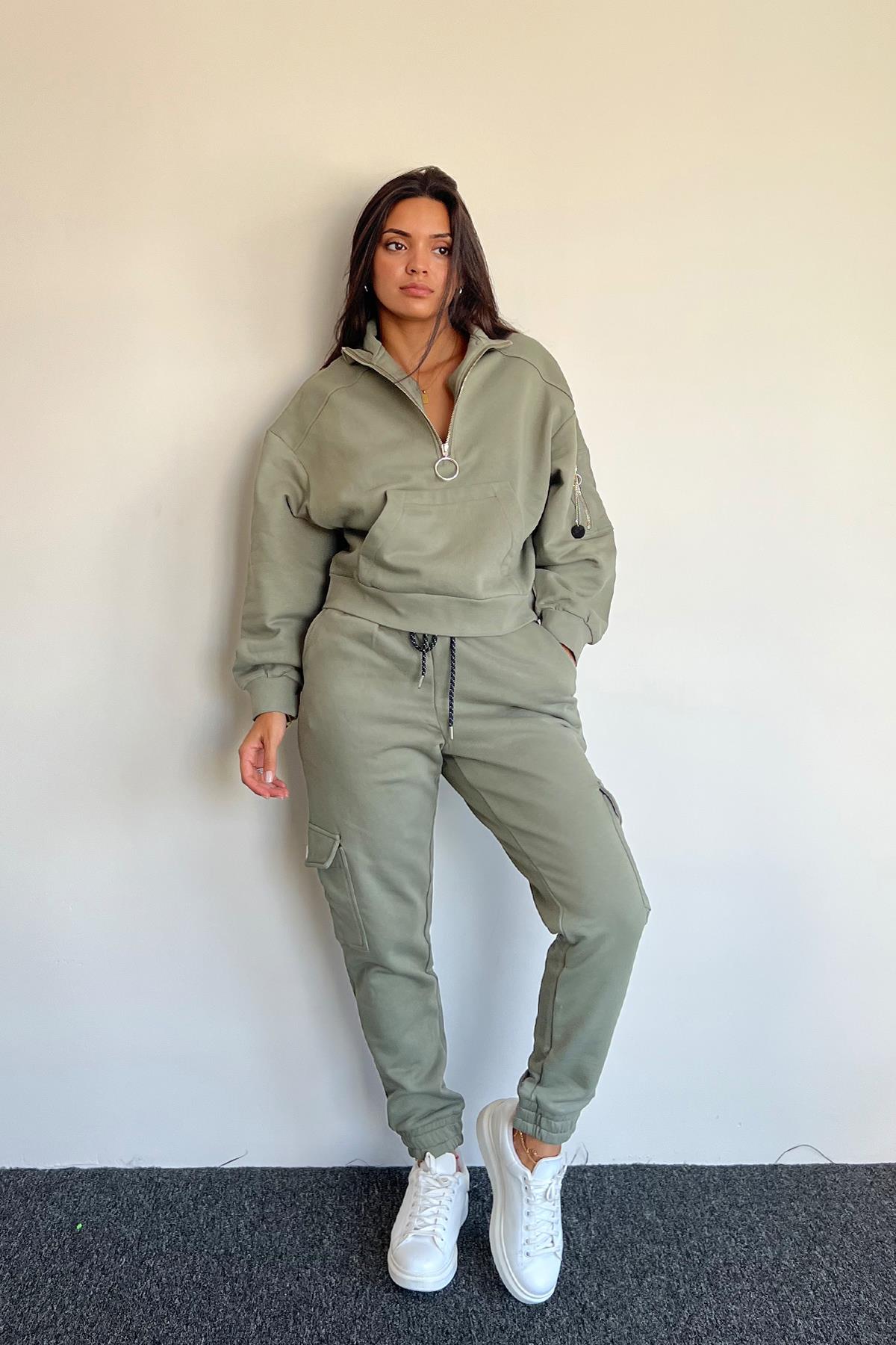 Önü Fermuarlı Bağcık Detaylı Eşofman Takımı HAKİ