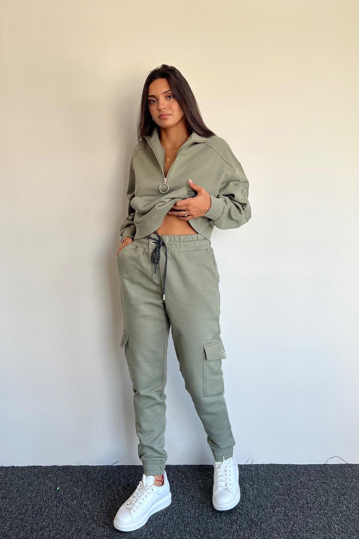 Önü Fermuarlı Bağcık Detaylı Eşofman Takımı HAKİ