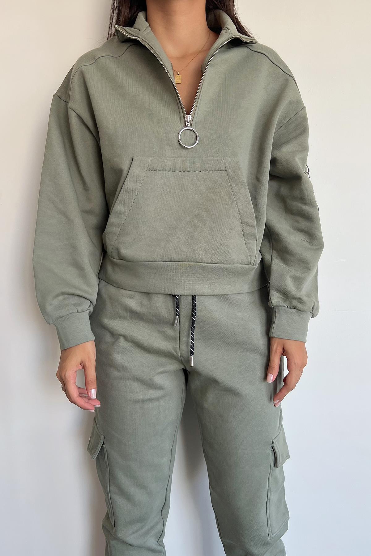 Önü Fermuarlı Bağcık Detaylı Eşofman Takımı HAKİ