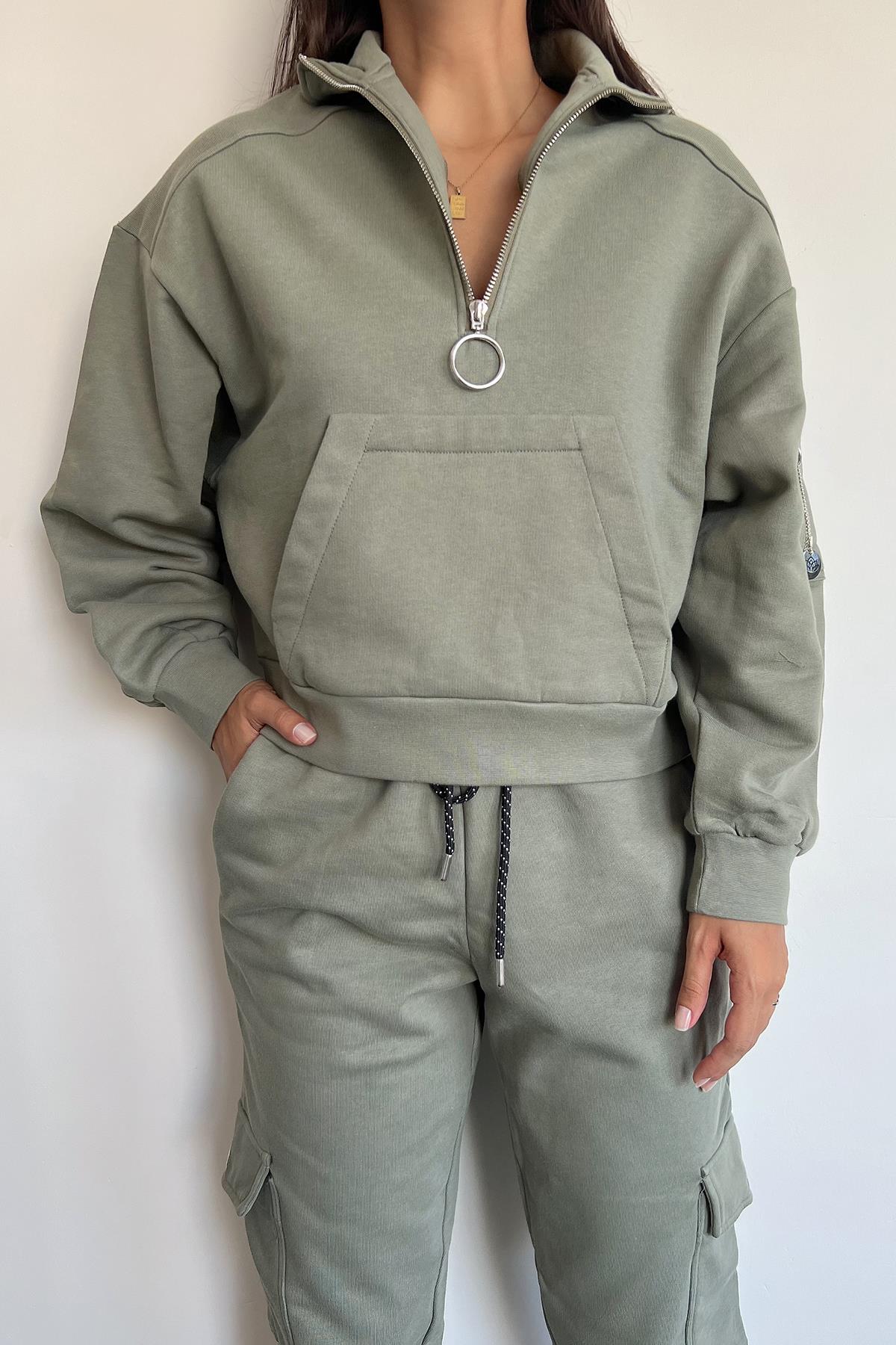 Önü Fermuarlı Bağcık Detaylı Eşofman Takımı HAKİ