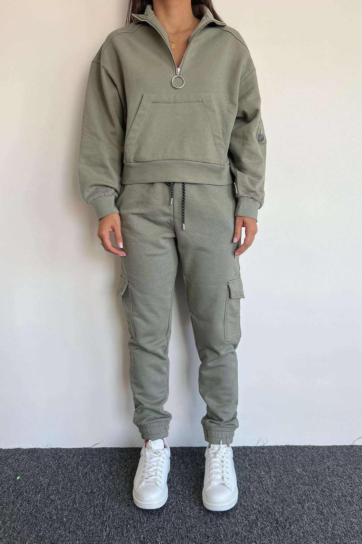 Önü Fermuarlı Bağcık Detaylı Eşofman Takımı HAKİ