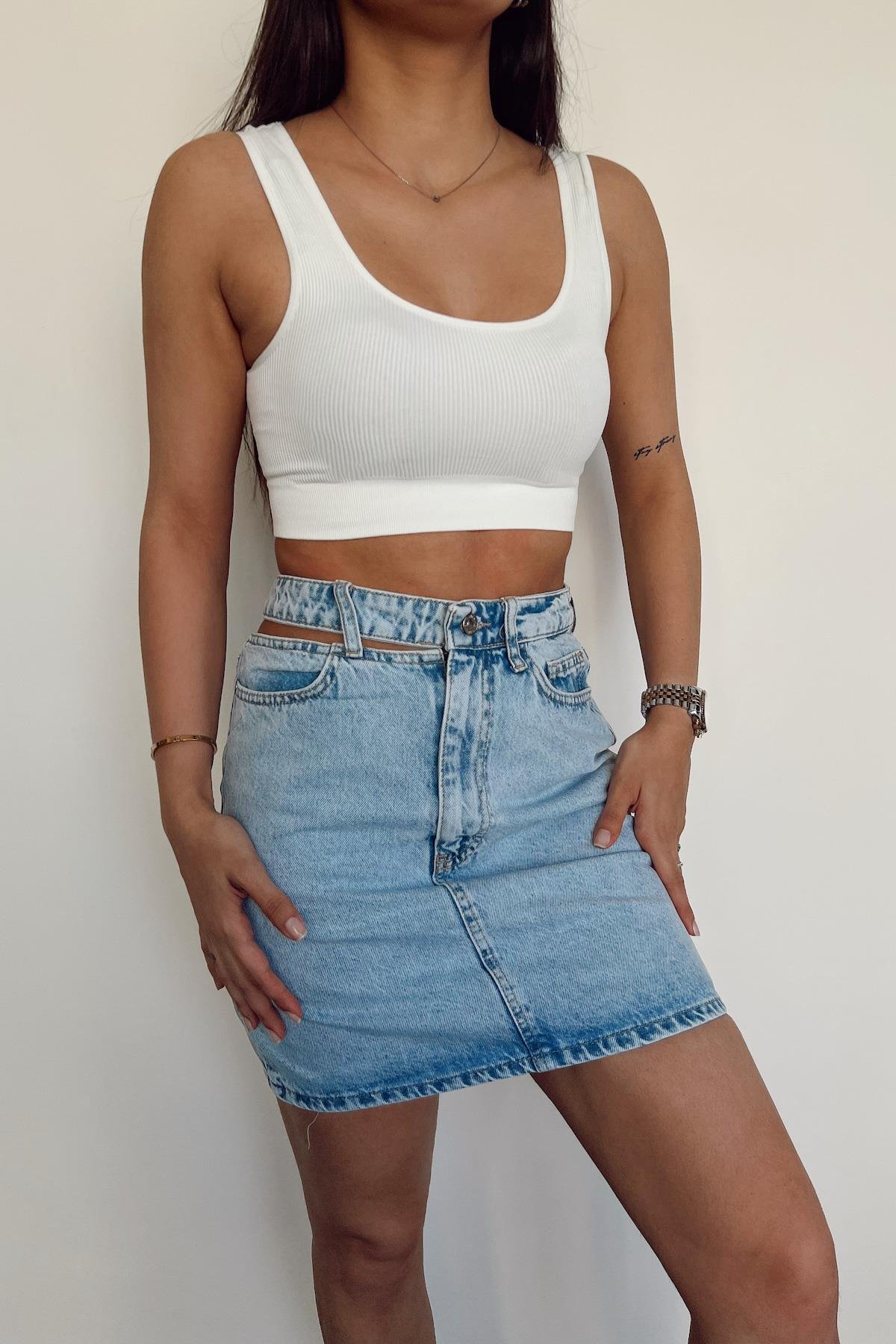 WAIST DETAILED SHORT DENIM SKIRT