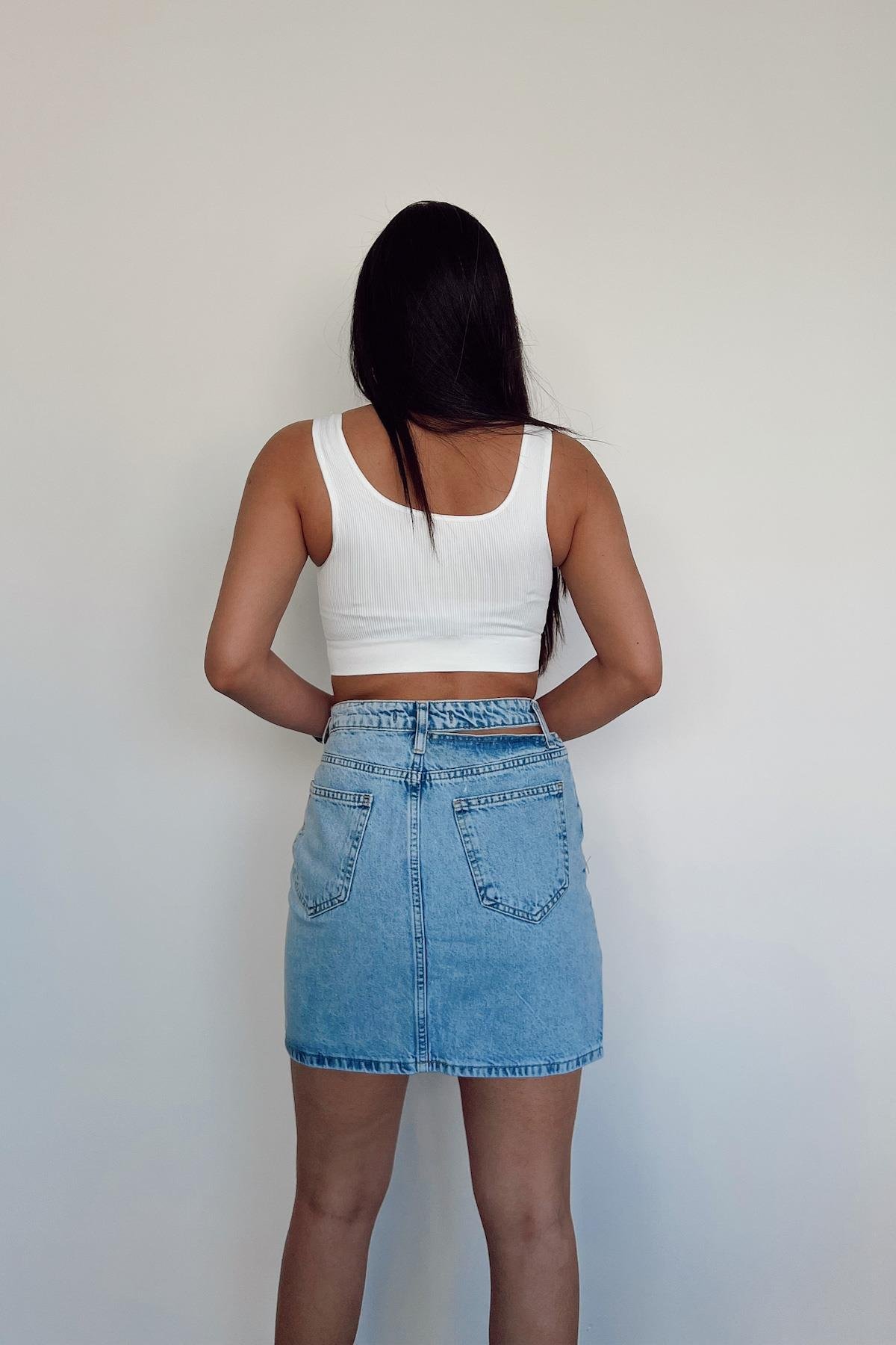 WAIST DETAILED SHORT DENIM SKIRT