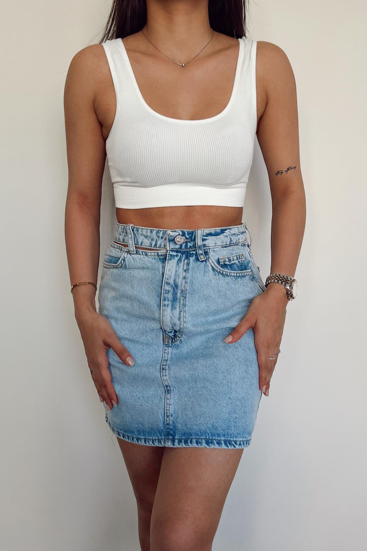 WAIST DETAILED SHORT DENIM SKIRT