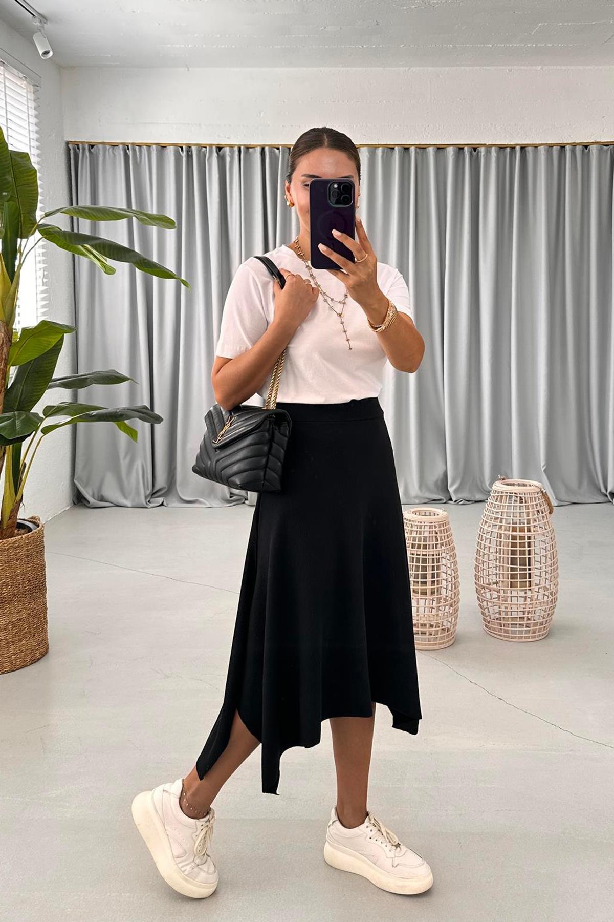 BELİ LASTİKLİ ASİMETRİK KESİM ETEK SİYAH