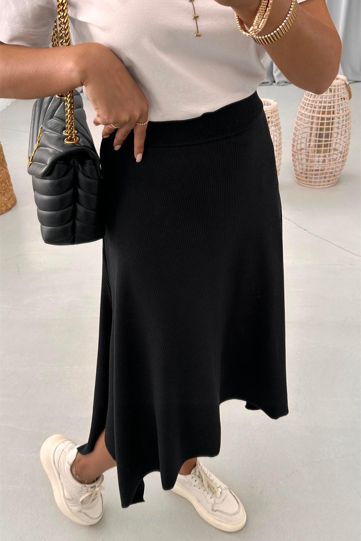 BELİ LASTİKLİ ASİMETRİK KESİM ETEK SİYAH