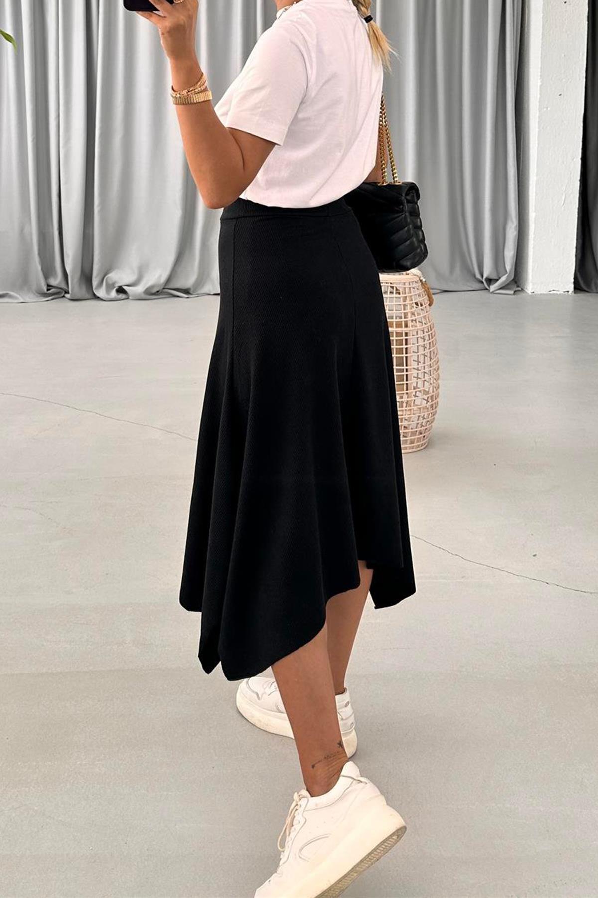 BELİ LASTİKLİ ASİMETRİK KESİM ETEK SİYAH