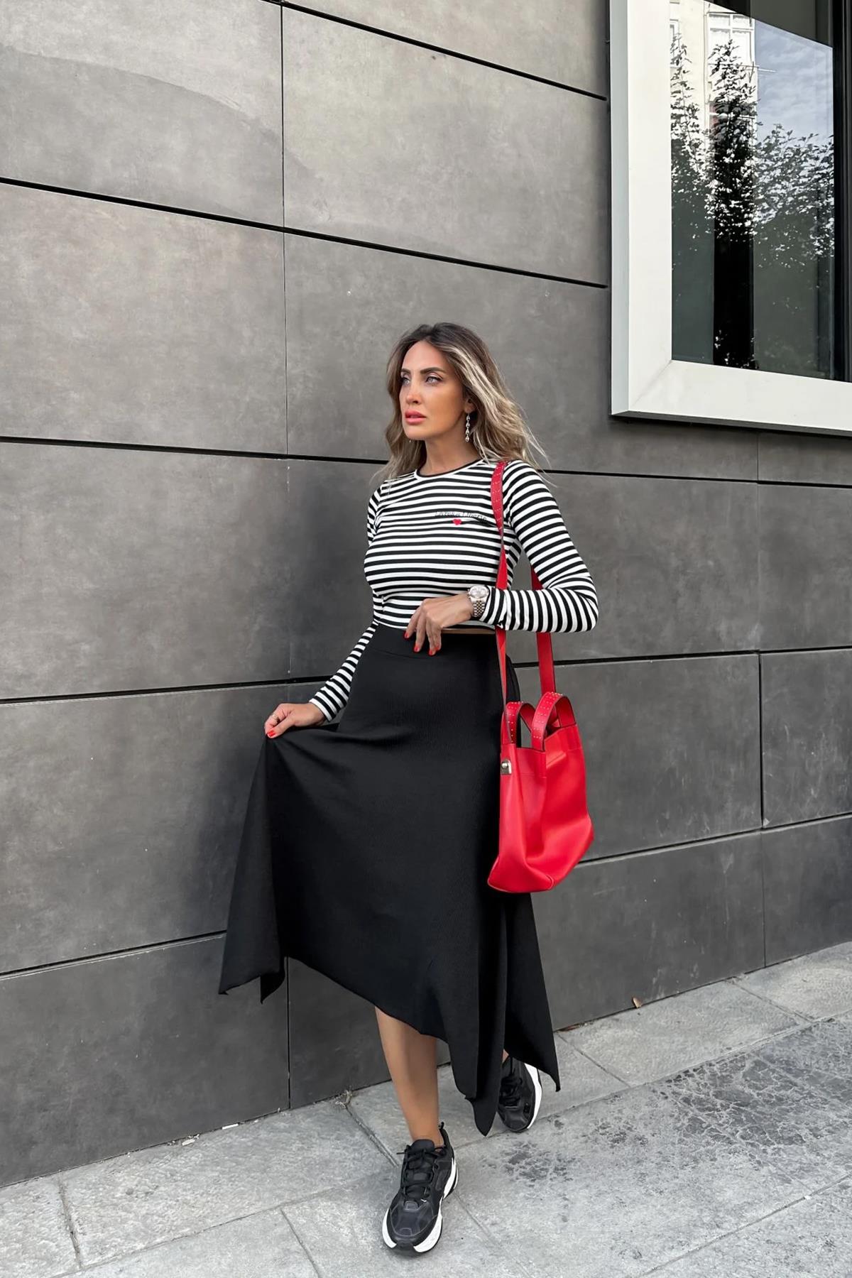 BELİ LASTİKLİ ASİMETRİK KESİM ETEK SİYAH