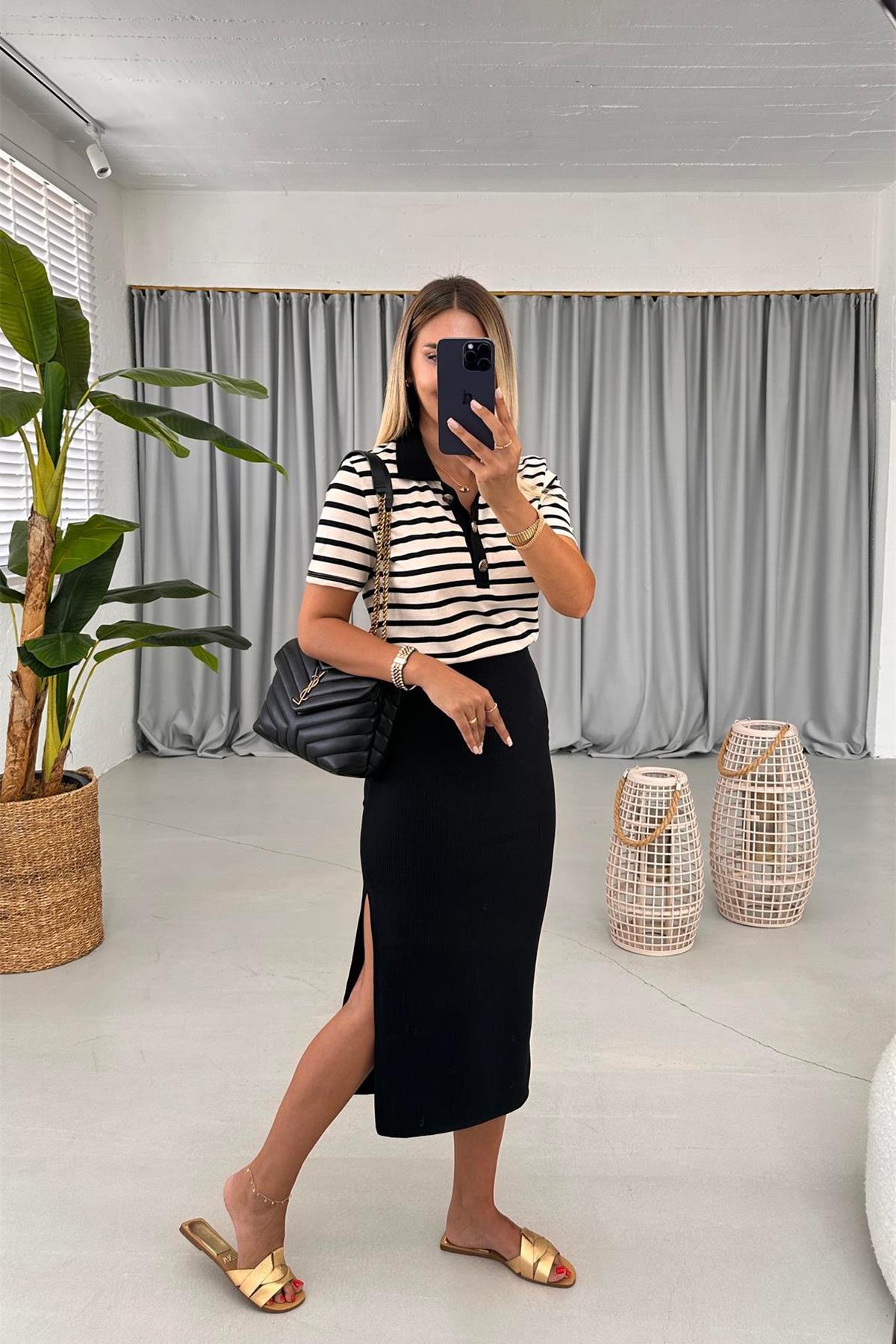 BELİ LASTİKLİ ETEĞİ YIRTMAÇLI ETEK SİYAH