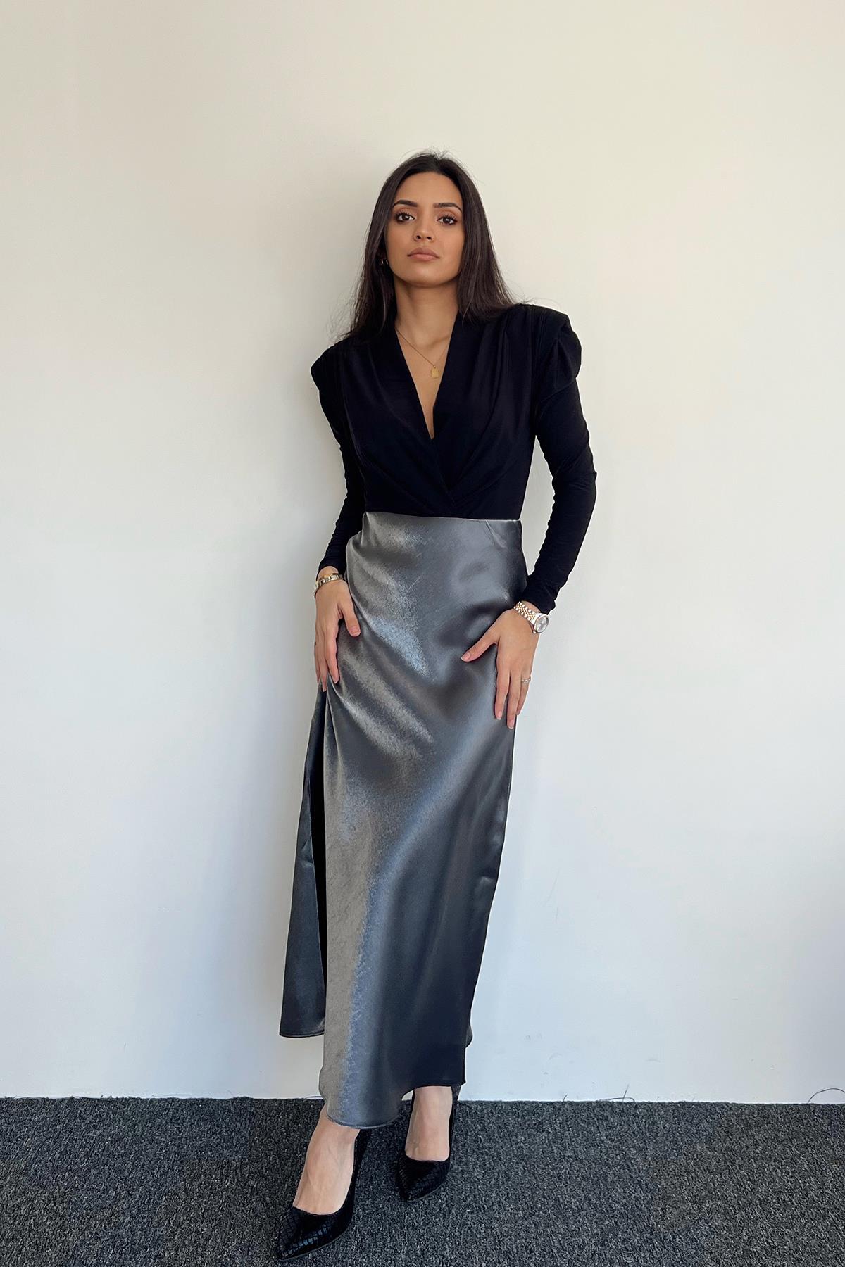 BELİ LASTİKLİ SATEN ETEK GRİ