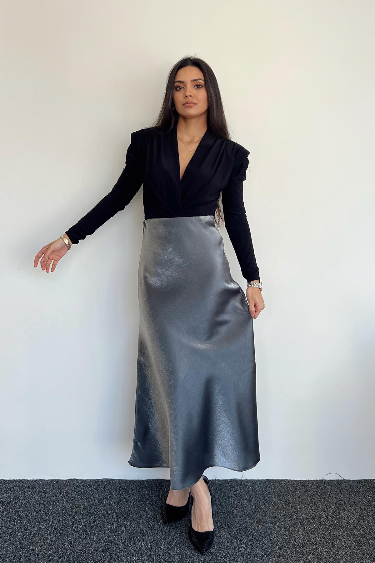 BELİ LASTİKLİ SATEN ETEK GRİ