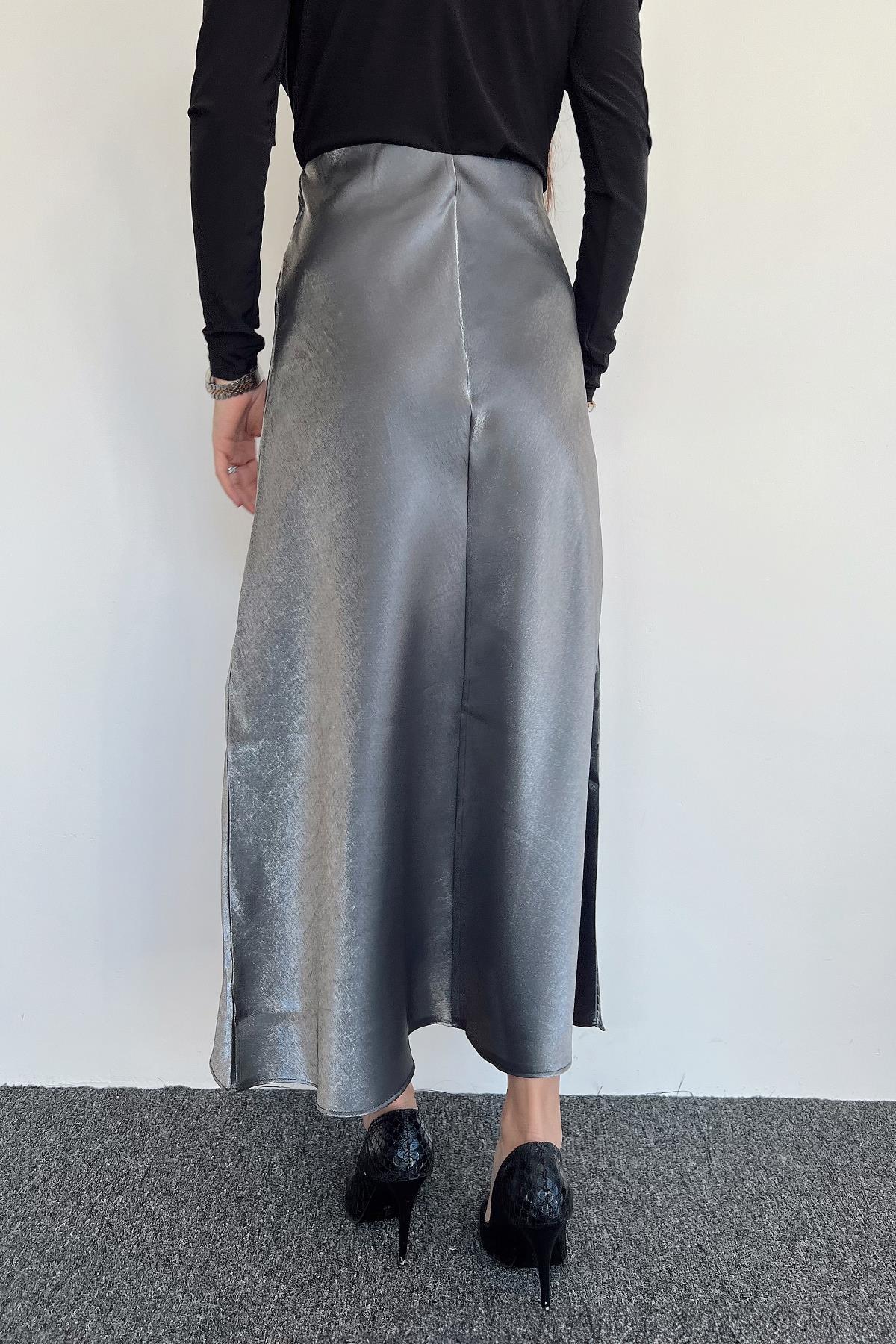 BELİ LASTİKLİ SATEN ETEK GRİ