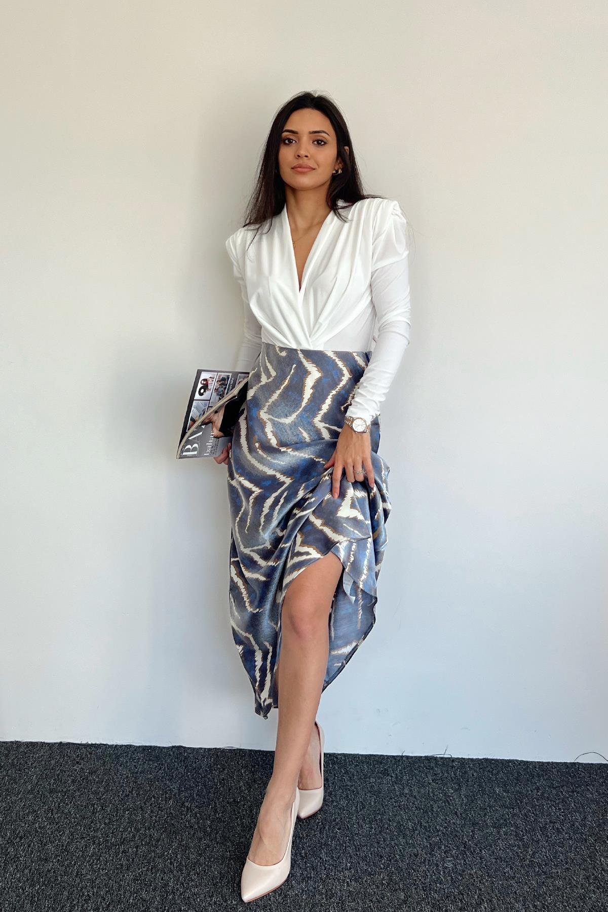 BELİ LASTİKLİ SATEN ETEK MAVİ