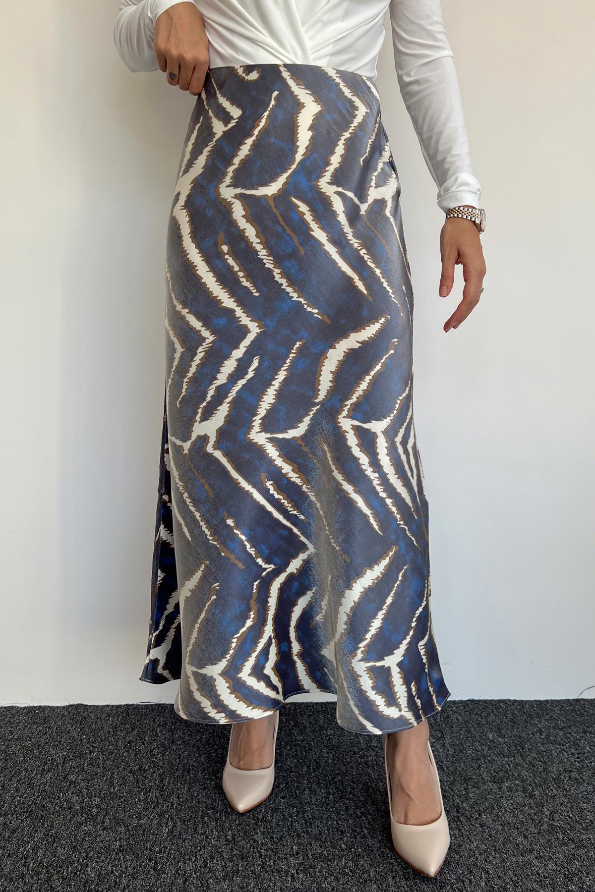 BELİ LASTİKLİ SATEN ETEK MAVİ