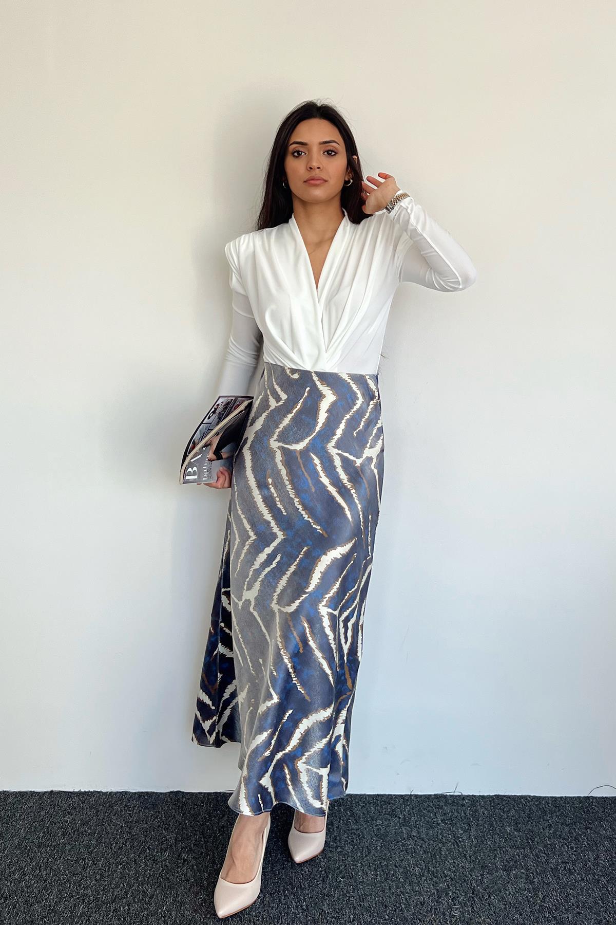 BELİ LASTİKLİ SATEN ETEK MAVİ