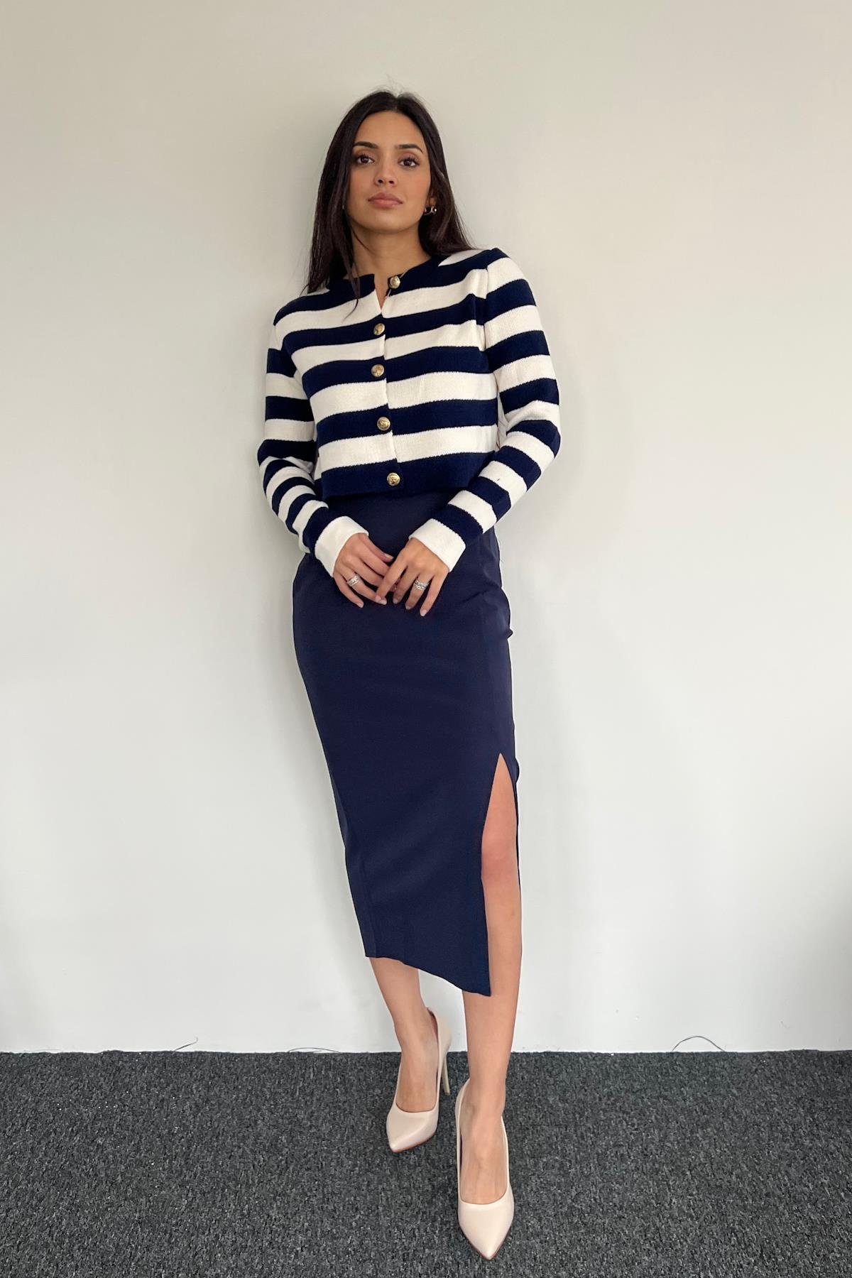 KUMAŞ ETEĞİ YIRTMAÇLI ETEK LACİVERT