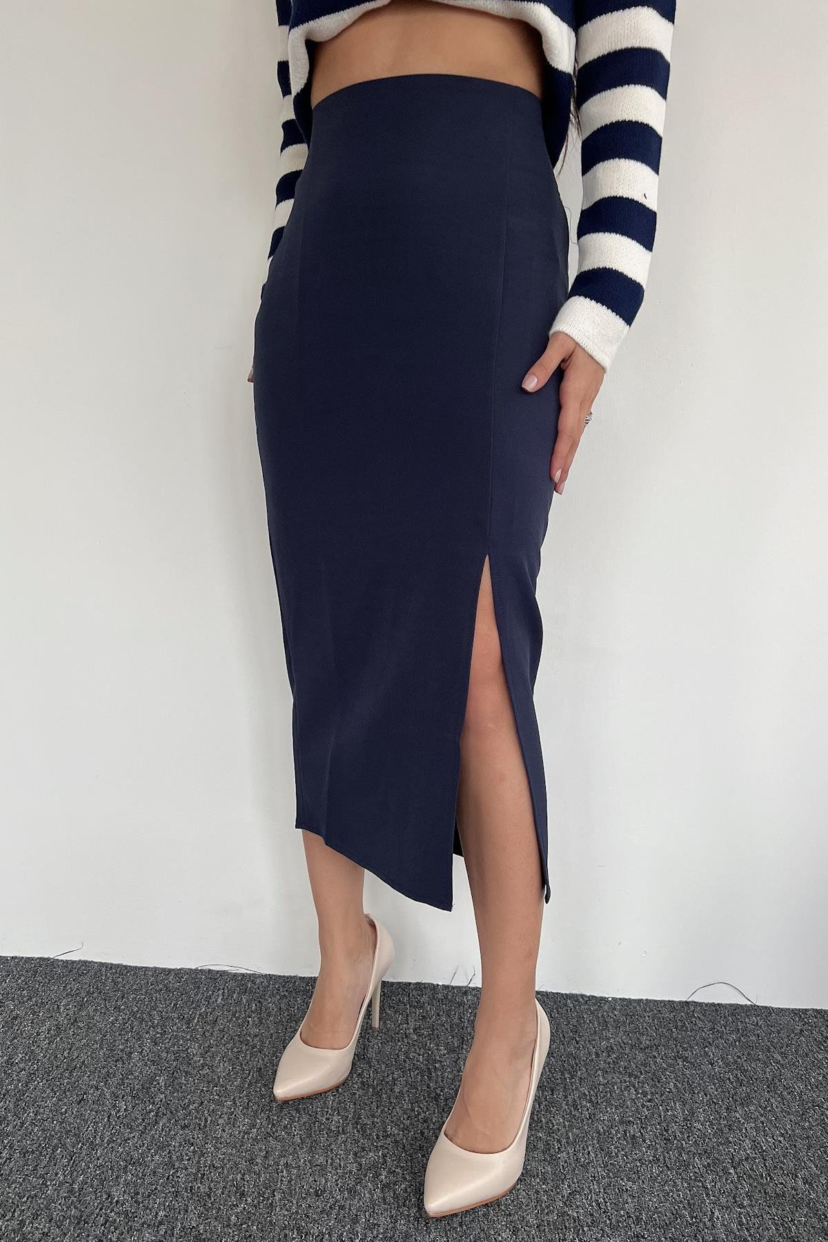 KUMAŞ ETEĞİ YIRTMAÇLI ETEK LACİVERT