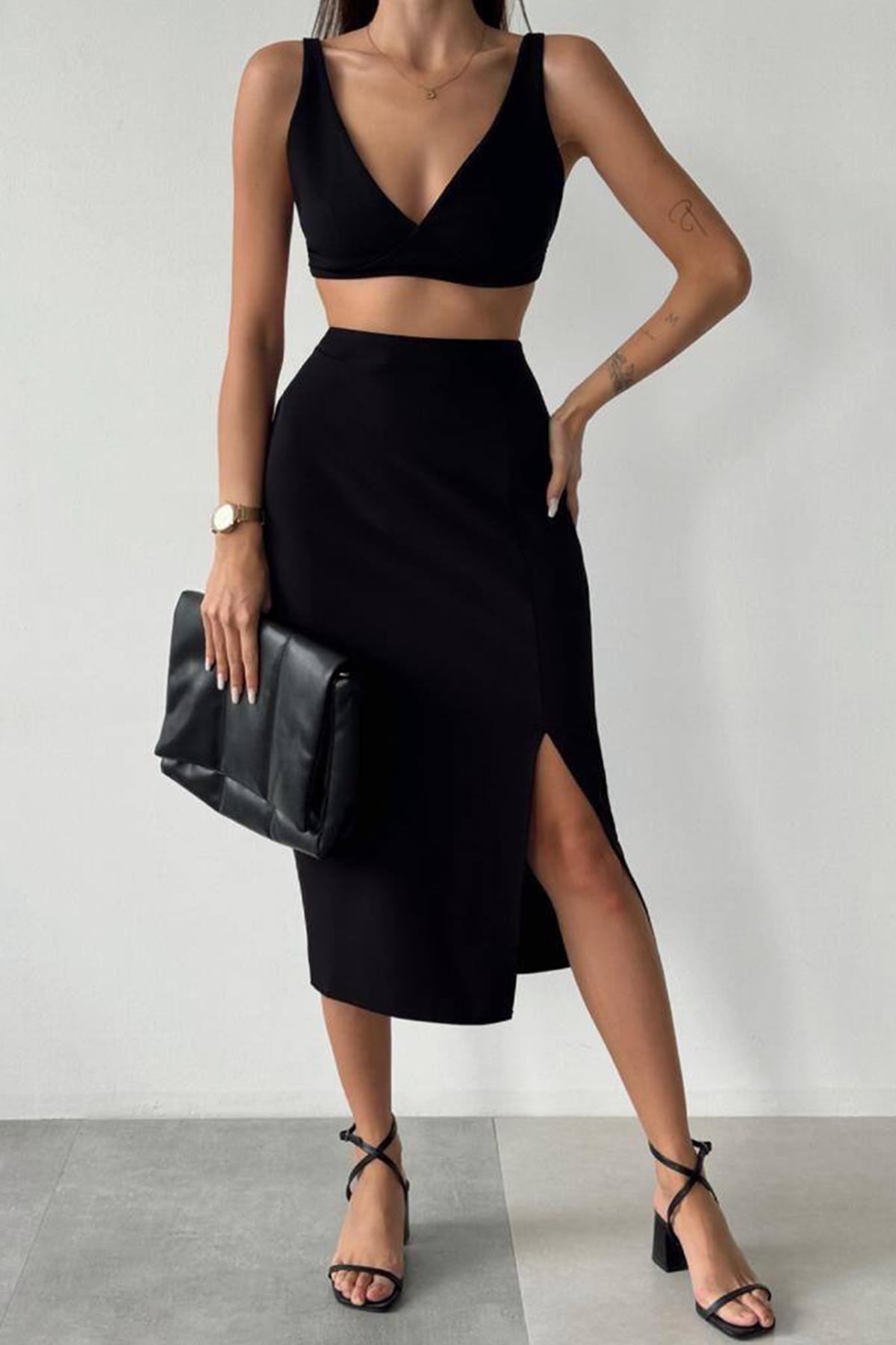 KUMAŞ ETEĞİ YIRTMAÇLI ETEK SİYAH