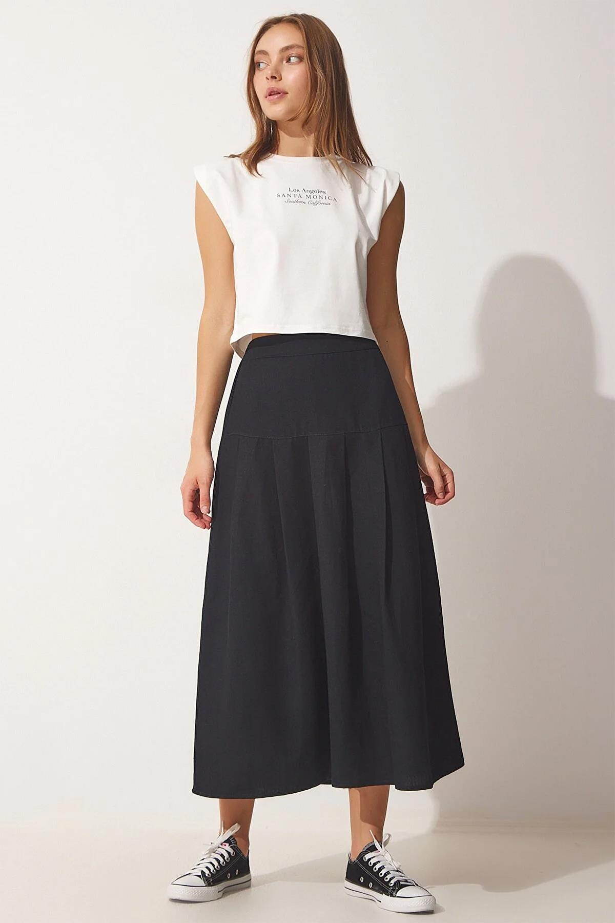 تنورة كتان أمامية مكشكشة