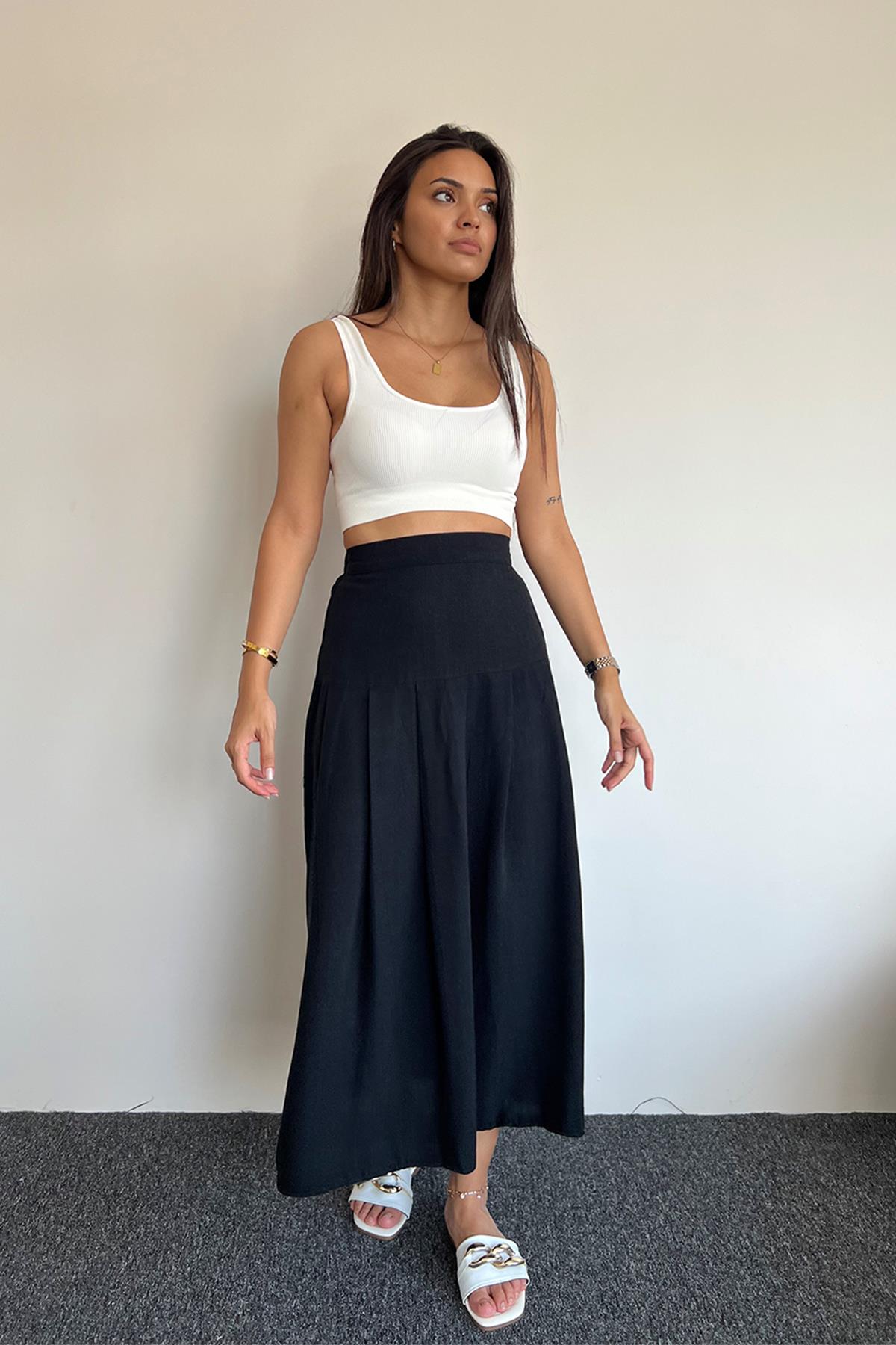 ÖNÜ FIRFIRLI KETEN ETEK SİYAH