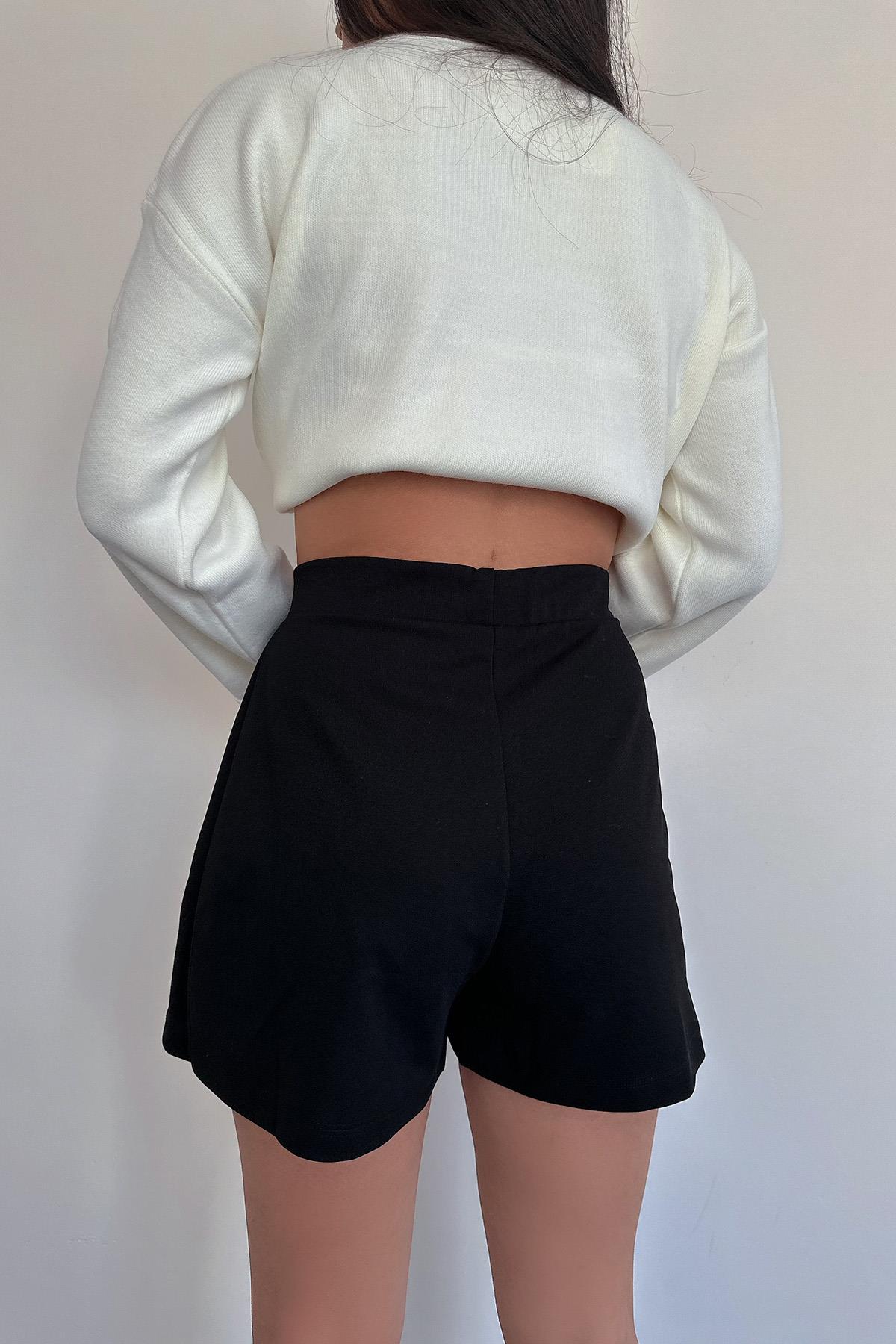ÖNÜ PİLELİ MİNİ ŞORT ETEK SİYAH