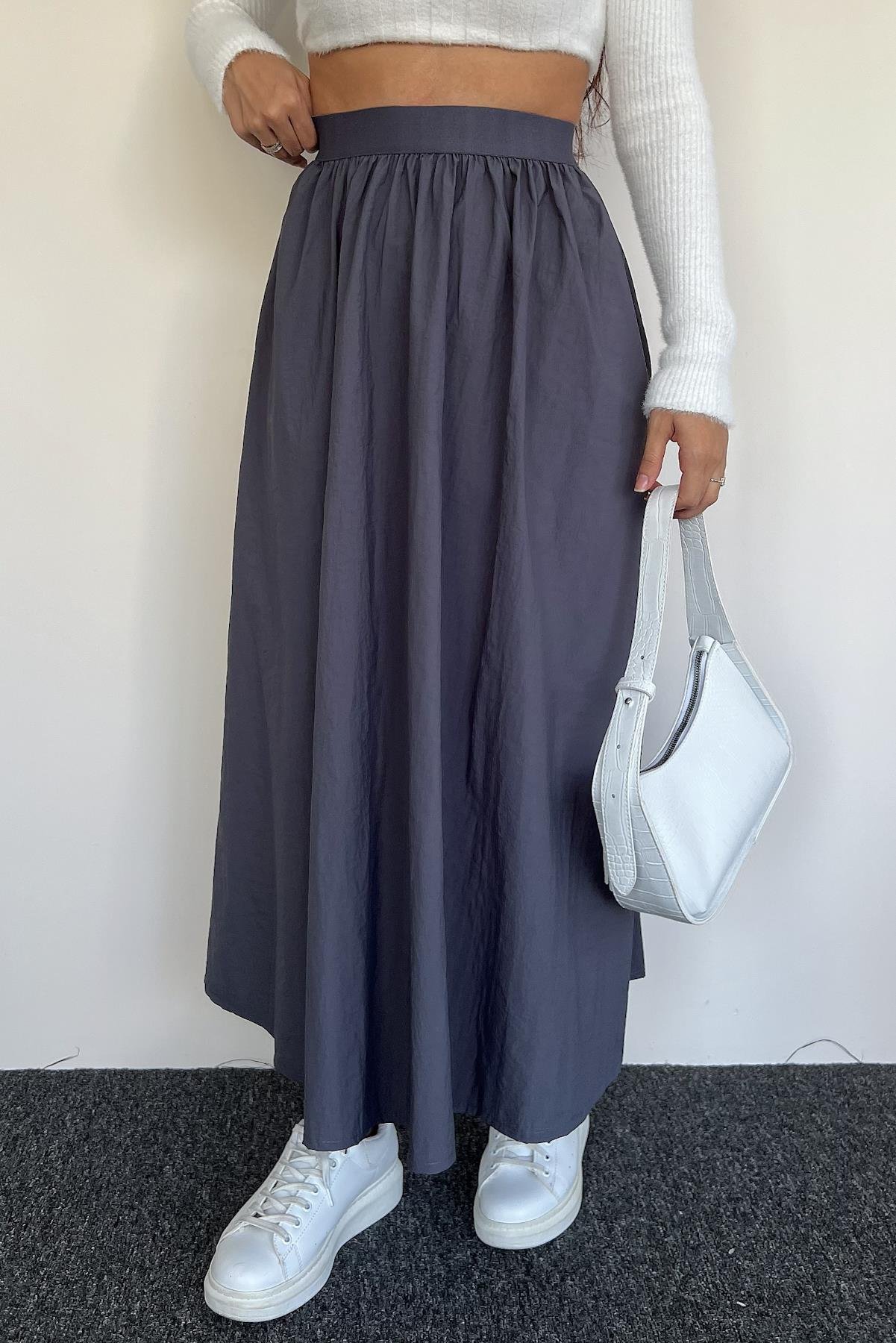 PARAŞÜT KUMAŞ BELİ LASTİKLİ ETEK GRİ