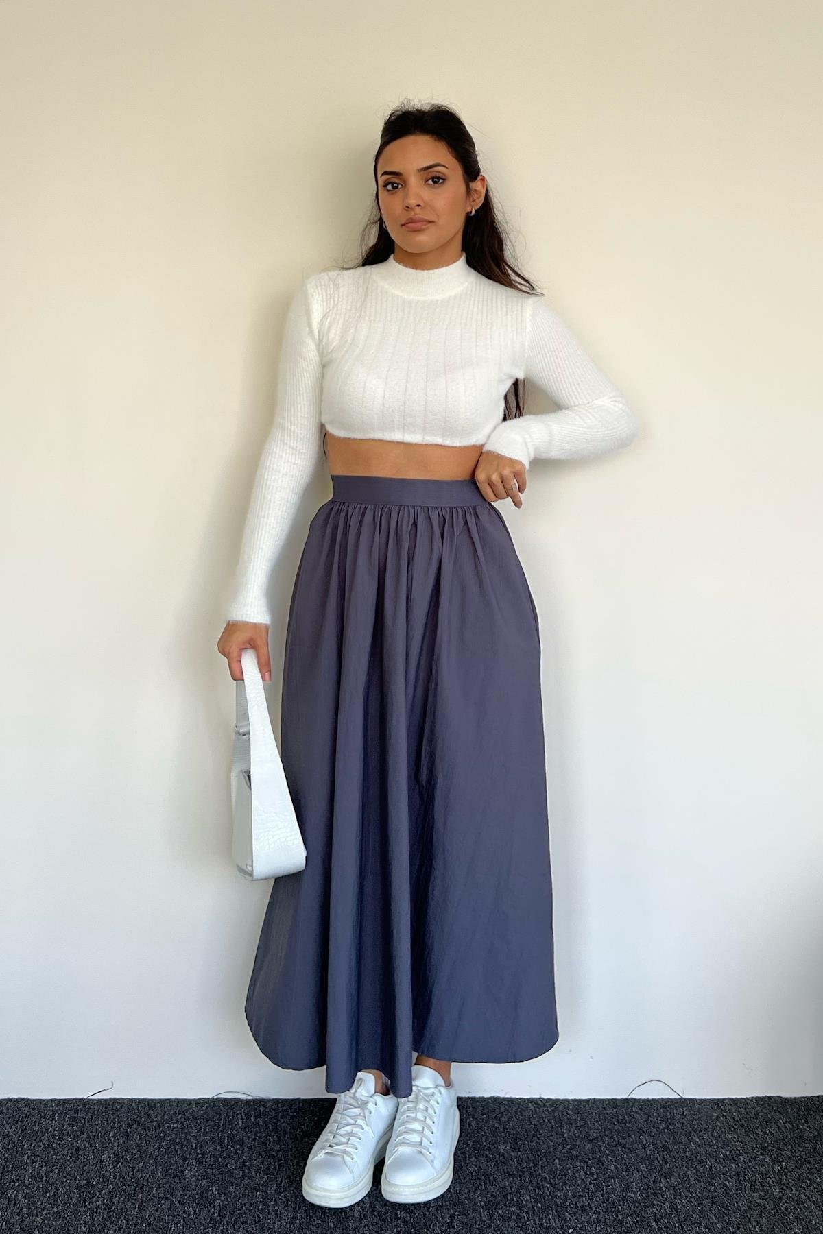 PARAŞÜT KUMAŞ BELİ LASTİKLİ ETEK GRİ