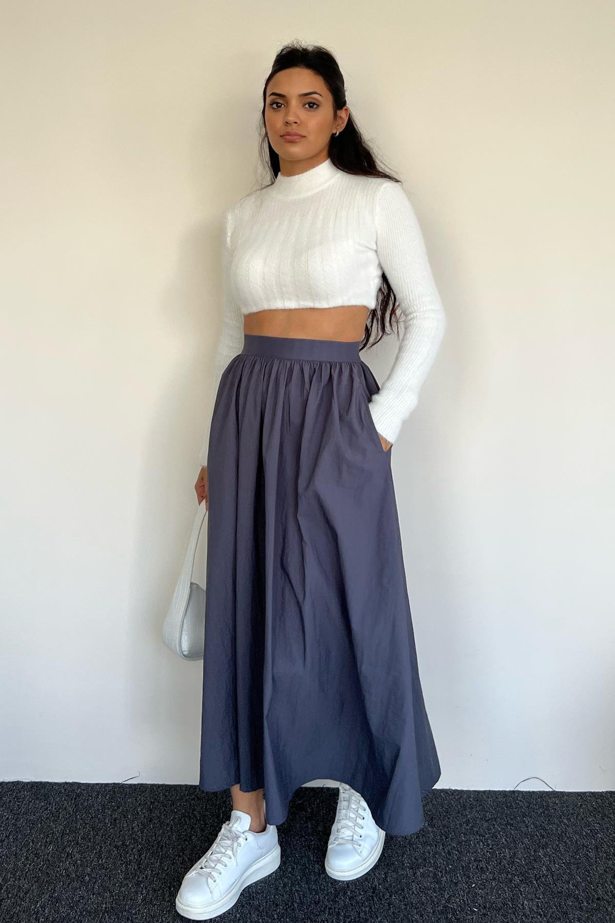 PARAŞÜT KUMAŞ BELİ LASTİKLİ ETEK GRİ