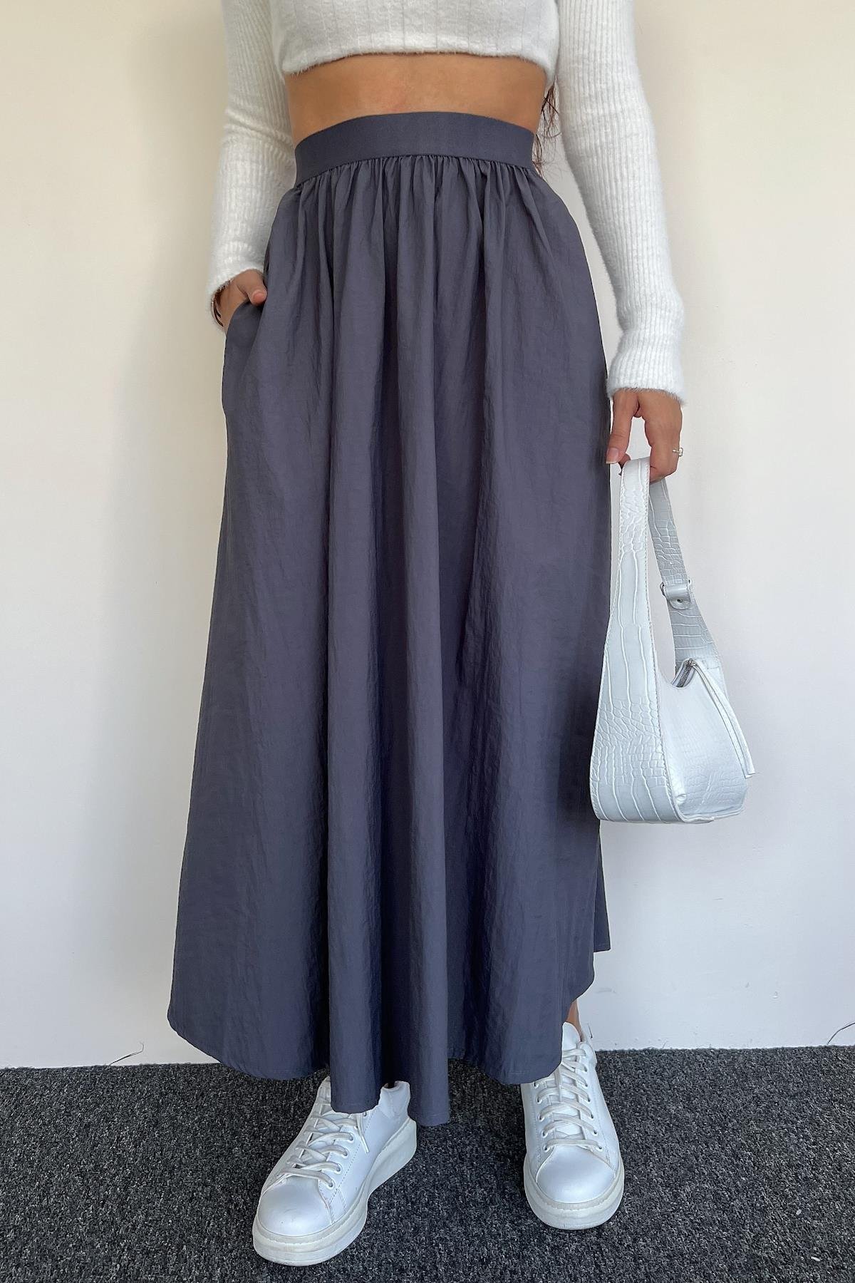 PARAŞÜT KUMAŞ BELİ LASTİKLİ ETEK GRİ