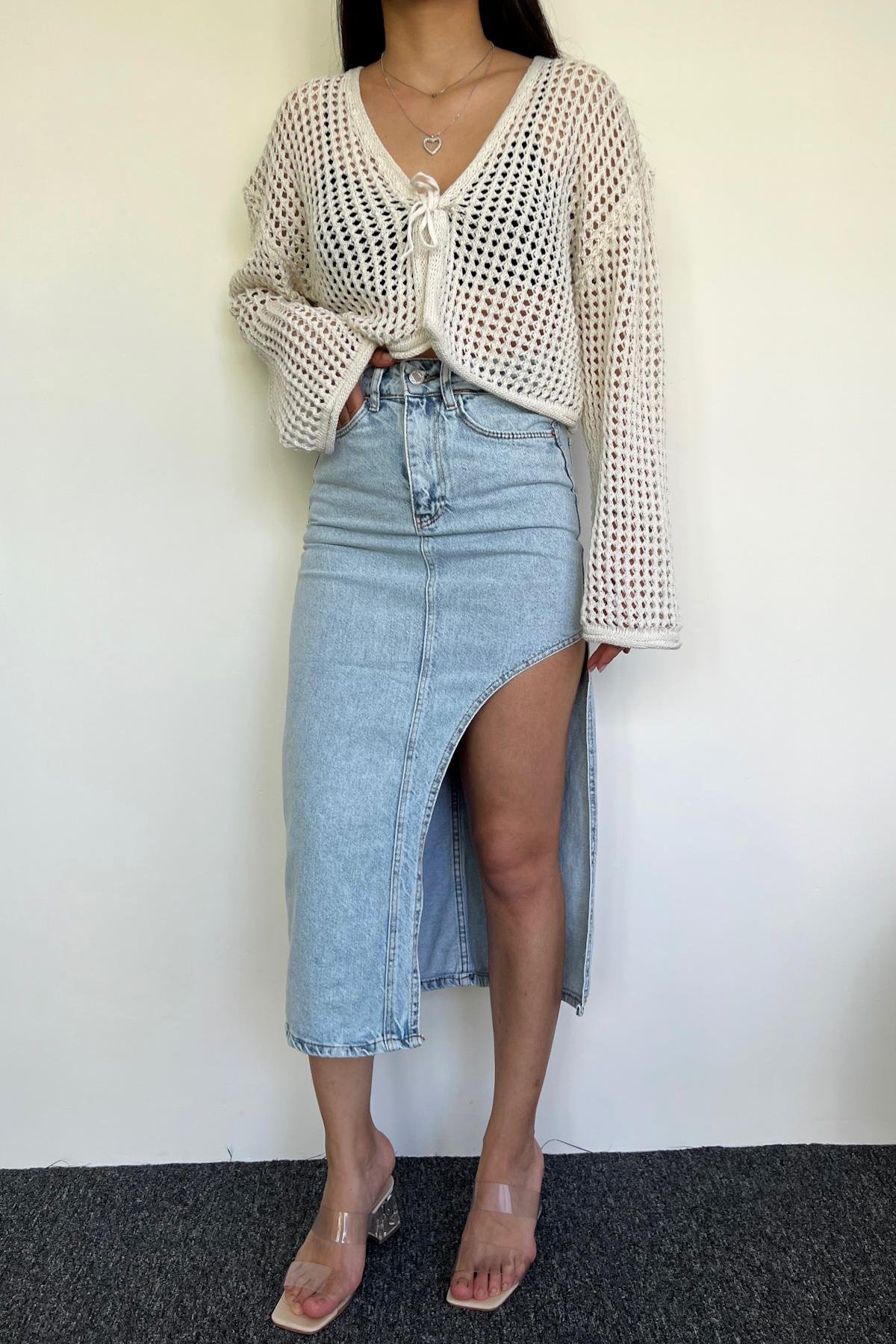 SIDE SPLIT MIDI DENIM SKIRT