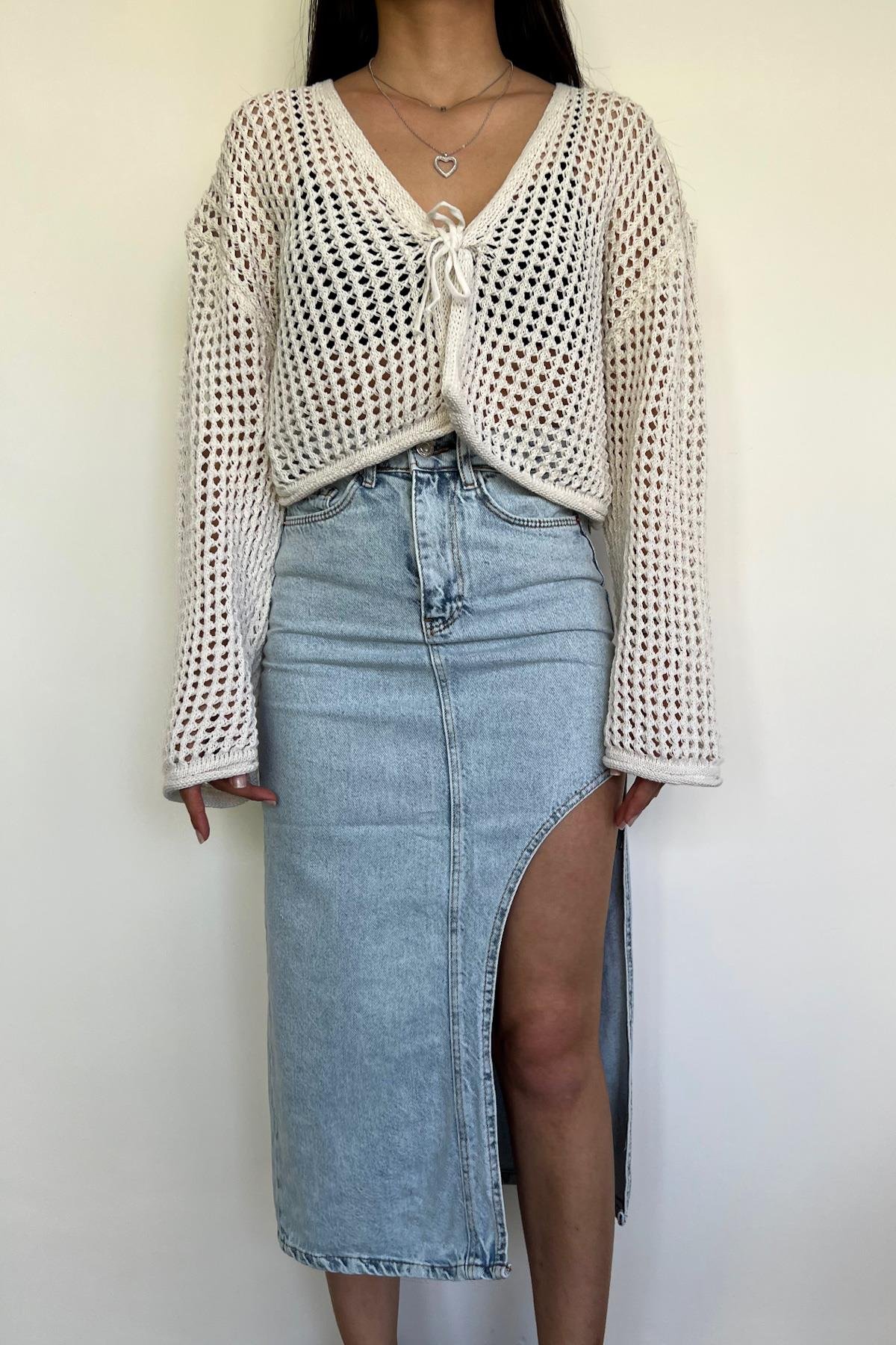SIDE SPLIT MIDI DENIM SKIRT