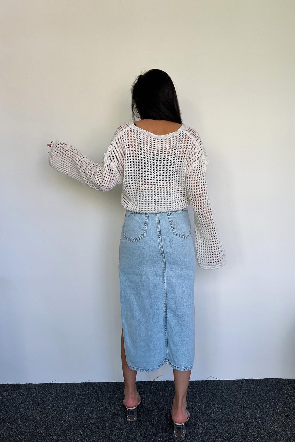 SIDE SPLIT MIDI DENIM SKIRT