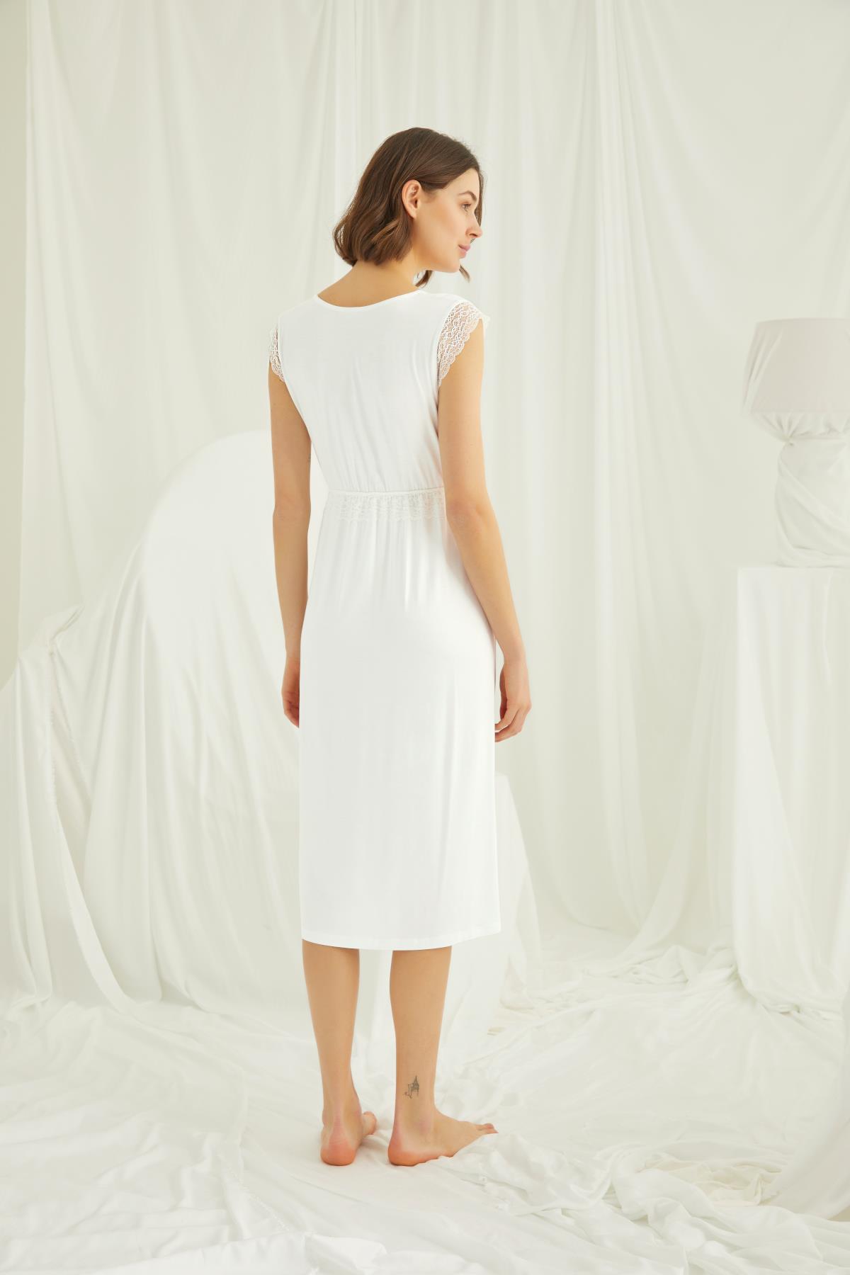 Dantelli Önü Düğmeli Hamile Lohusa Gecelik EKRU