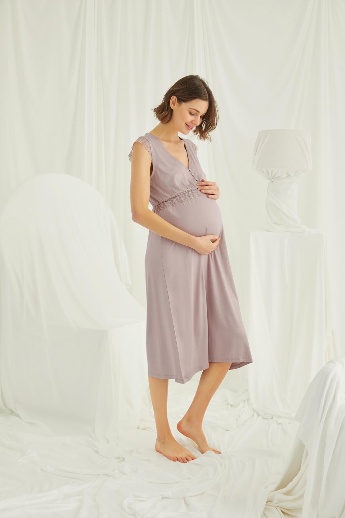 Dantelli Önü Düğmeli Hamile Lohusa Gecelik VİZON