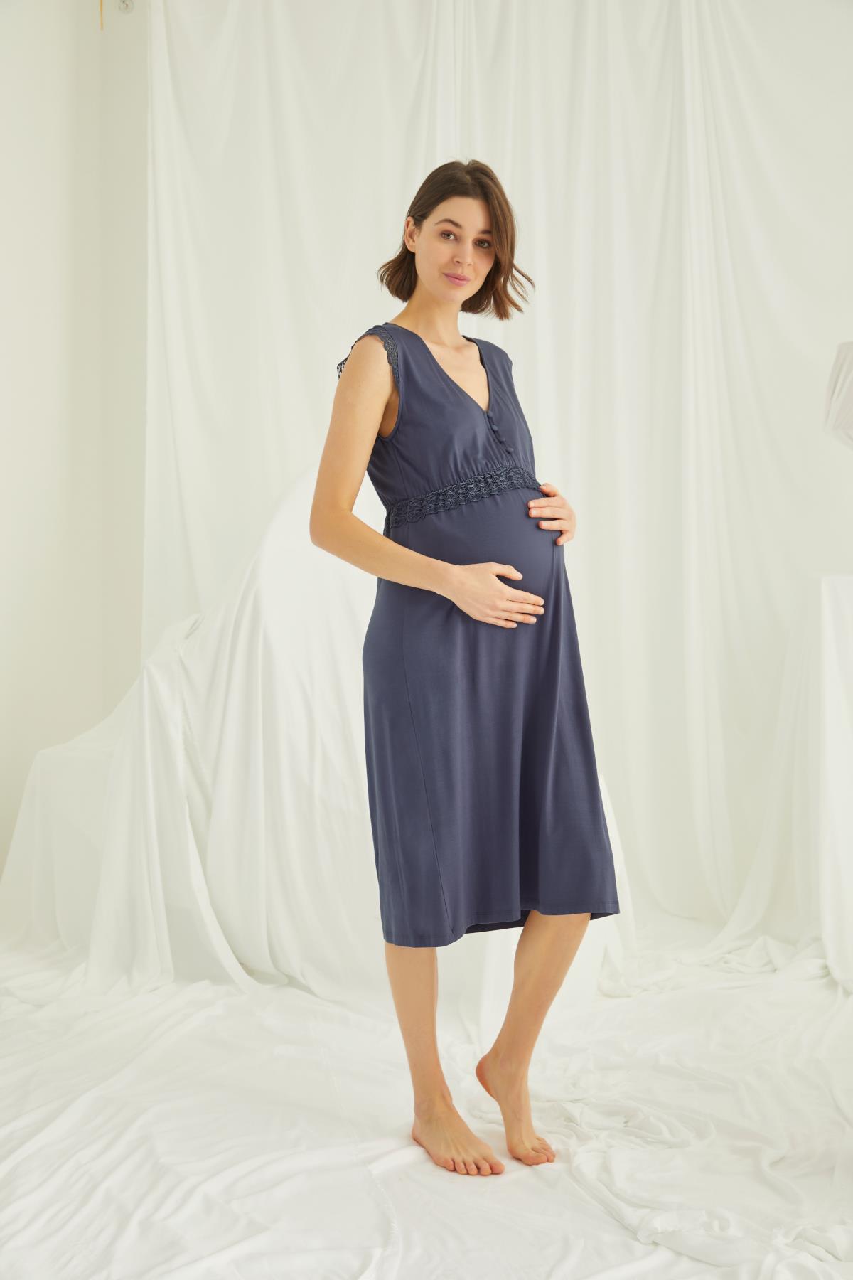 Dantelli Önü Düğmeli Hamile Lohusa Gecelik LACİVERT