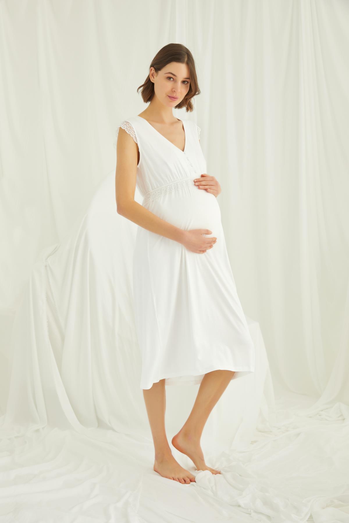 Dantelli Önü Düğmeli Hamile Lohusa Gecelik EKRU