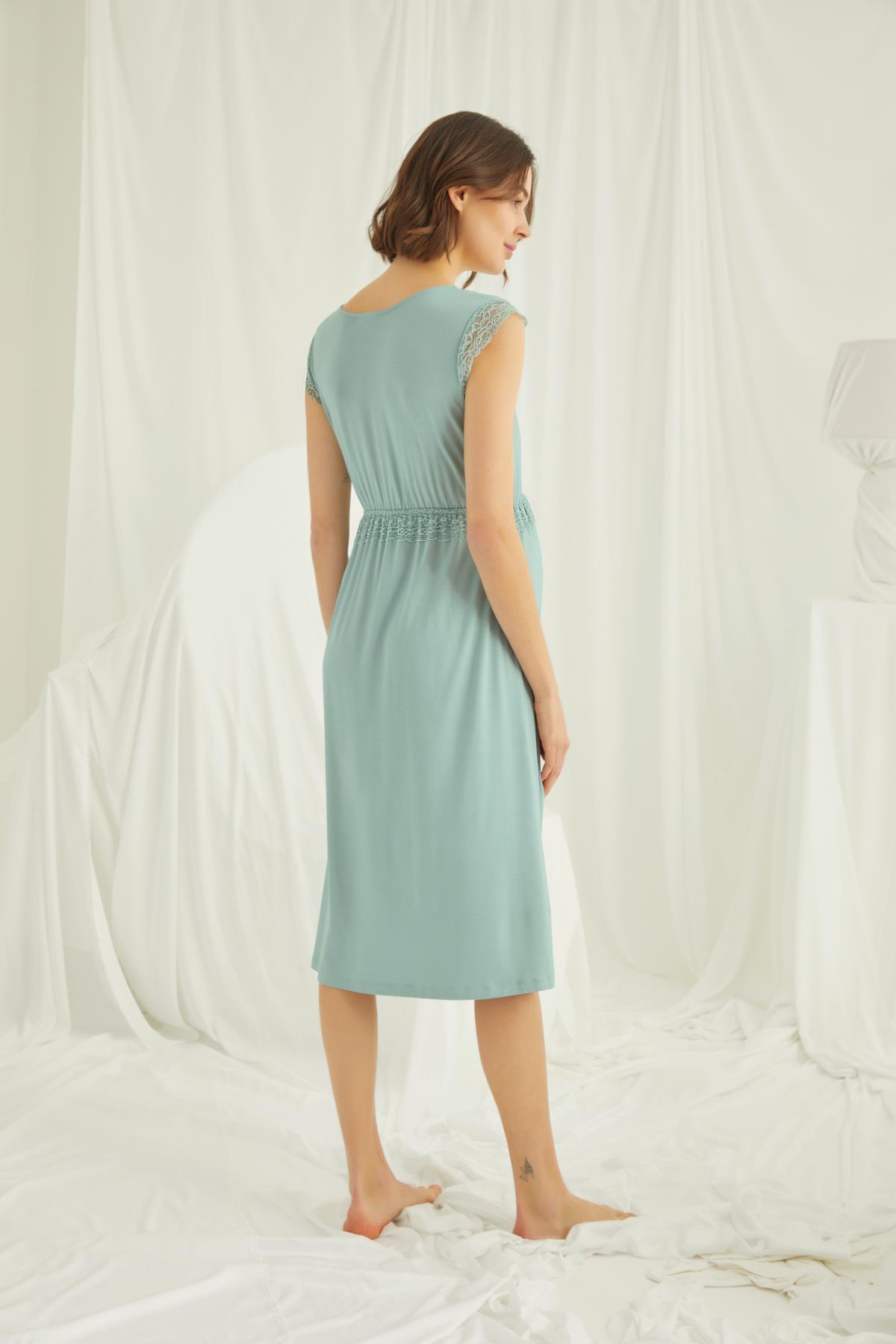 Önü Düğmeli Dantelli Hamile Lohusa Gecelik AÇIK YEŞİL