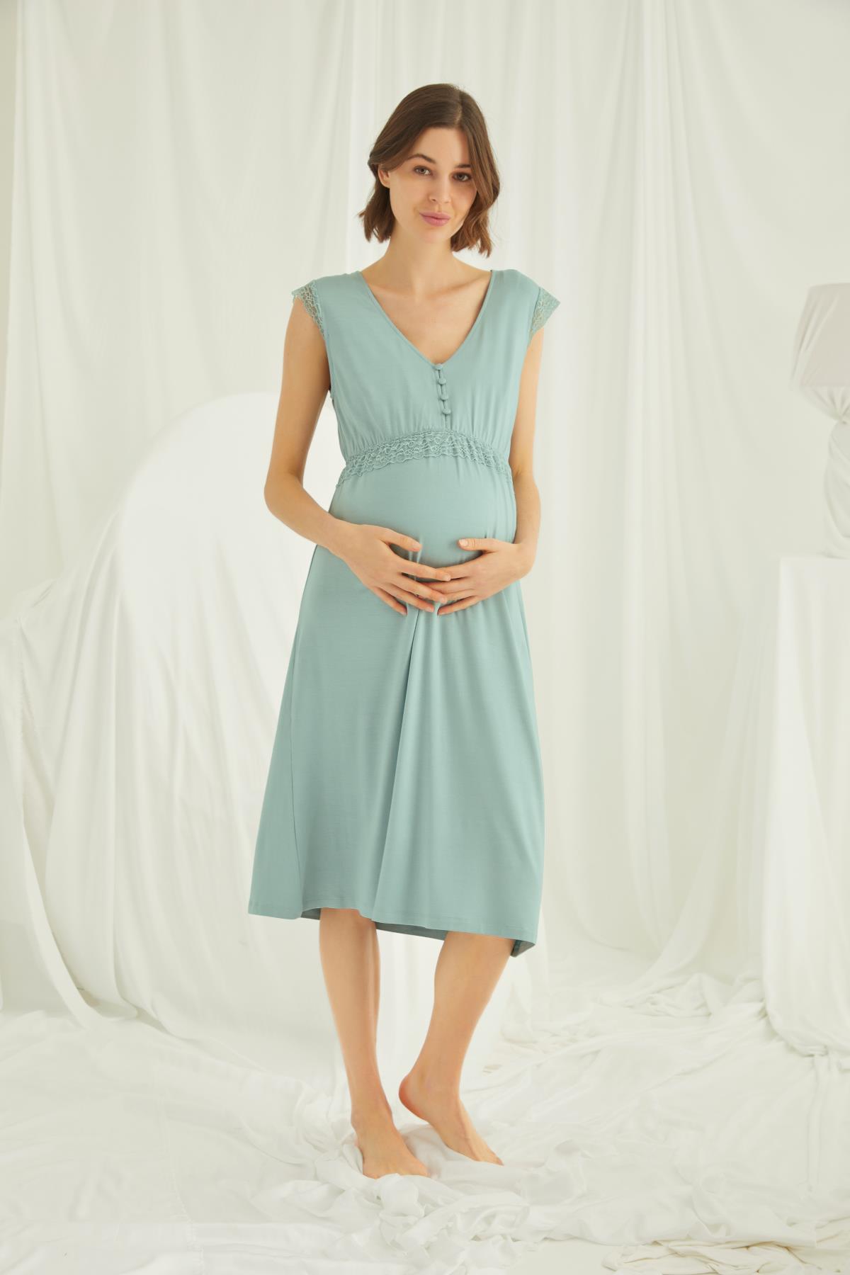 Önü Düğmeli Dantelli Hamile Lohusa Gecelik AÇIK YEŞİL