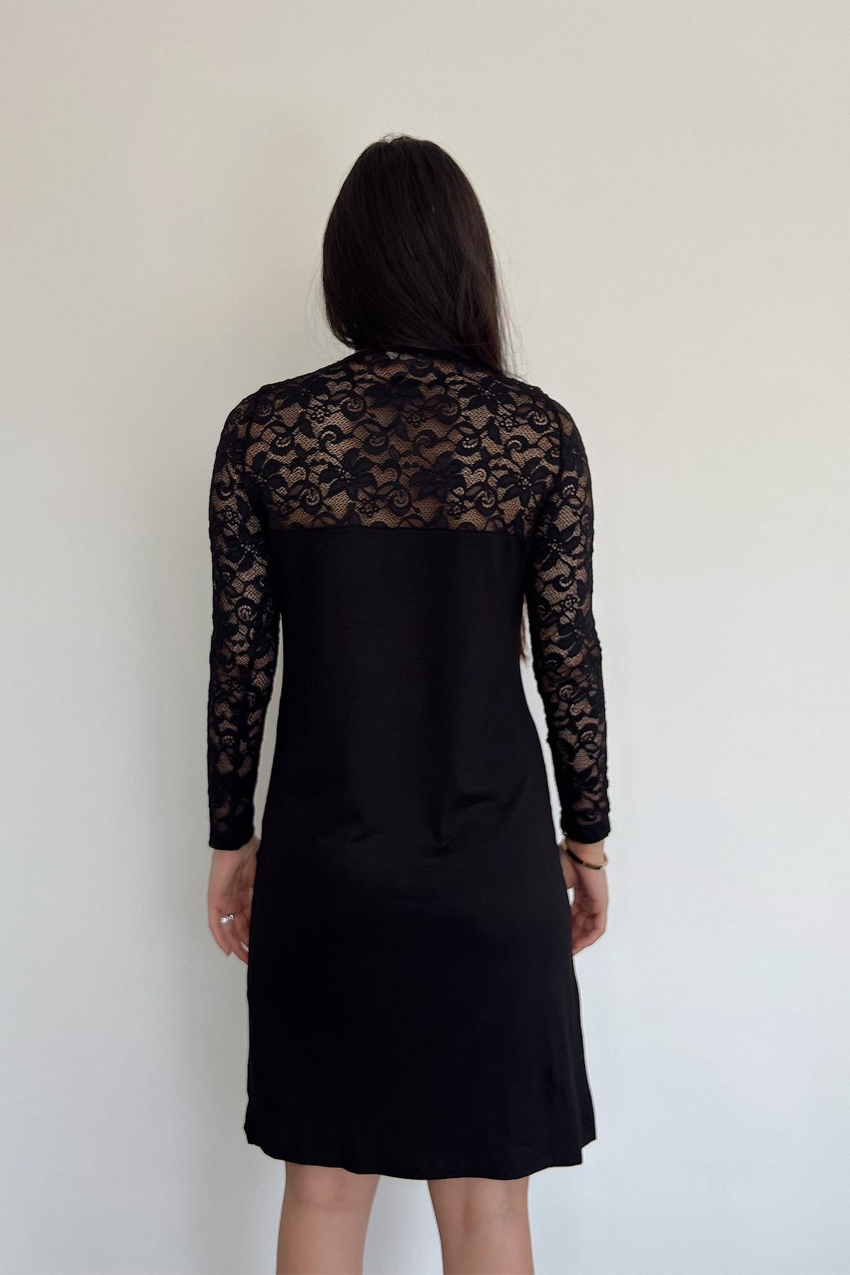 Yakası Damla Detaylı Dantelli Gecelik SİYAH