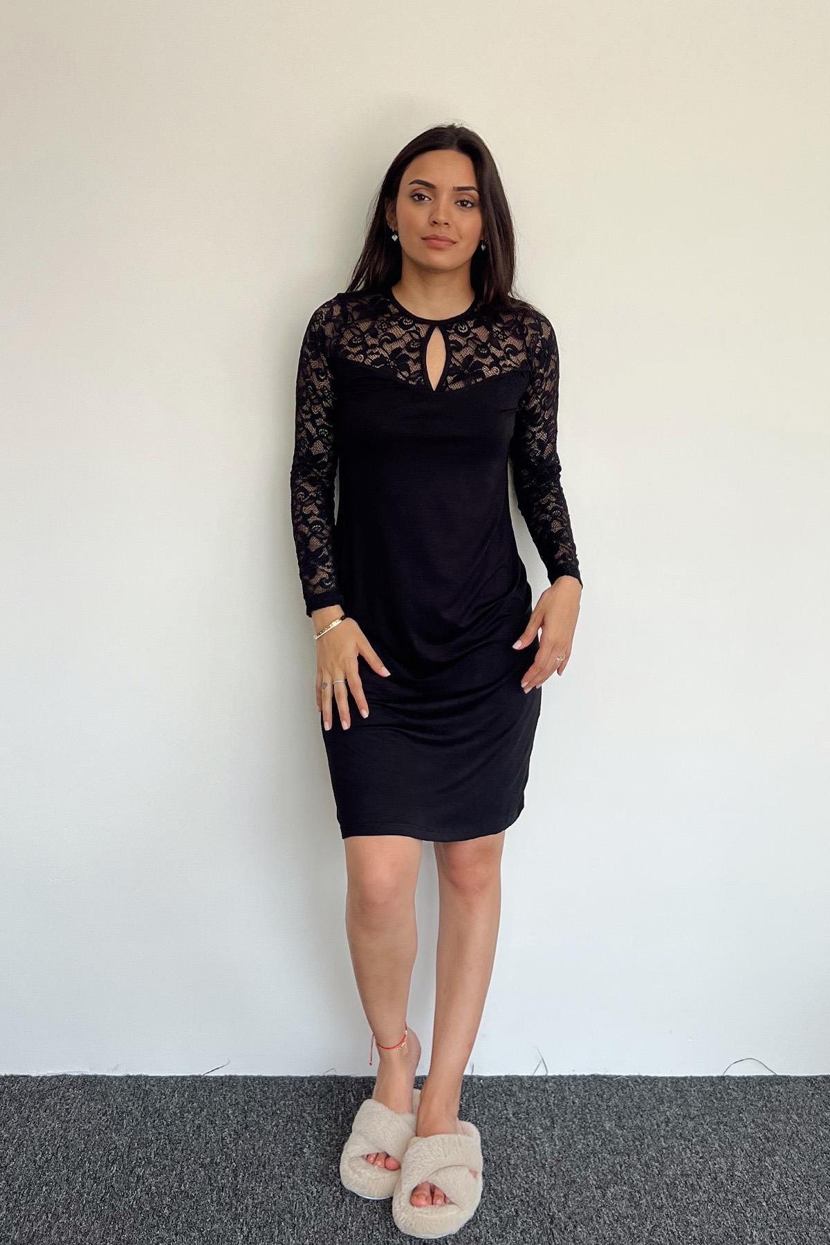 Yakası Damla Detaylı Dantelli Gecelik SİYAH