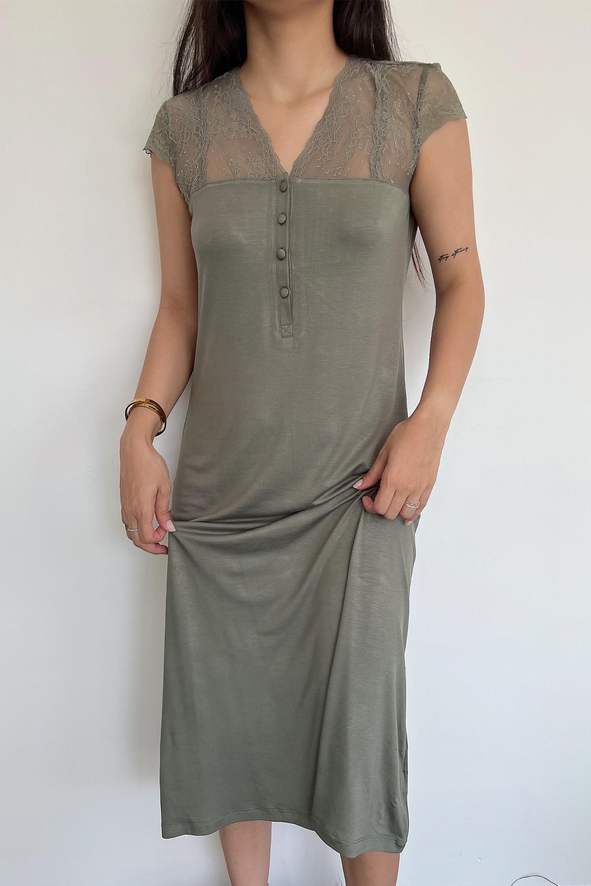 Yakası Kolu ve Omzu Brode Dantelli Önü Düğmeli Gecelik HAKİ