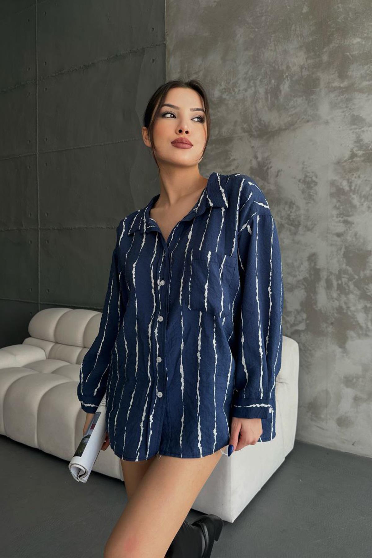 ÇİZGİLİ OVERSİZE GÖMLEK LACİVERT